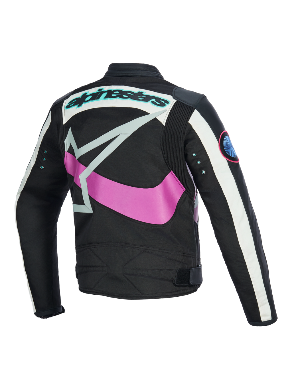 Alpinestars Idles damjacka sedd bakifrån, svart med off-white och lila, stor rosa omslutande stjärnlogotyp, turkos ordlogotyp och metallöljetter på ärmarna, vintageinspirerad design med dragspelspaneler för urban motorcykelkörning