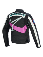 Alpinestars Idles damjacka sedd bakifrån, svart med off-white och lila, stor rosa omslutande stjärnlogotyp, turkos ordlogotyp och metallöljetter på ärmarna, vintageinspirerad design med dragspelspaneler för urban motorcykelkörning