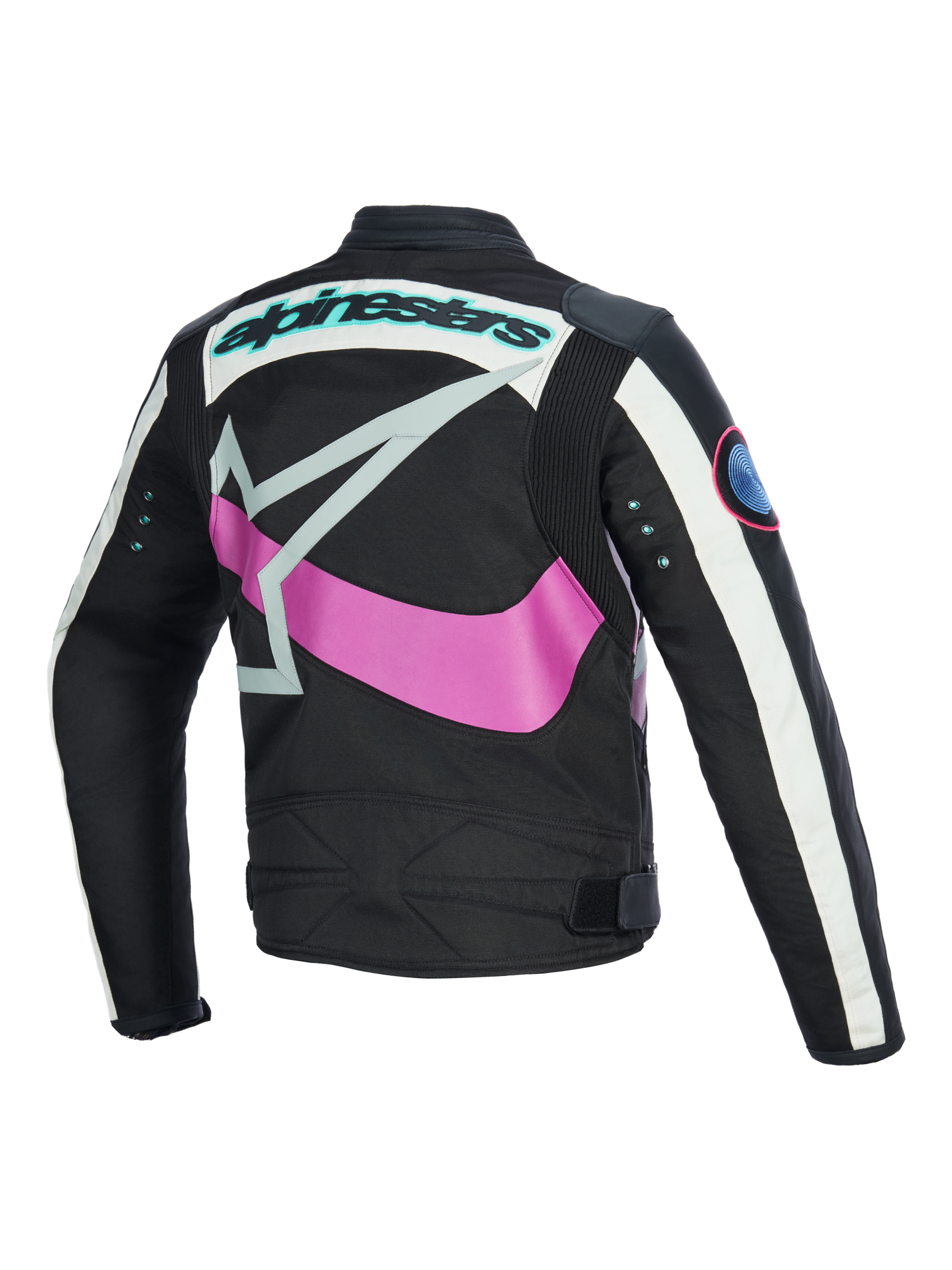 Alpinestars Idles damjacka sedd bakifrån, svart med off-white och lila, stor rosa omslutande stjärnlogotyp, turkos ordlogotyp och metallöljetter på ärmarna, vintageinspirerad design med dragspelspaneler för urban motorcykelkörning