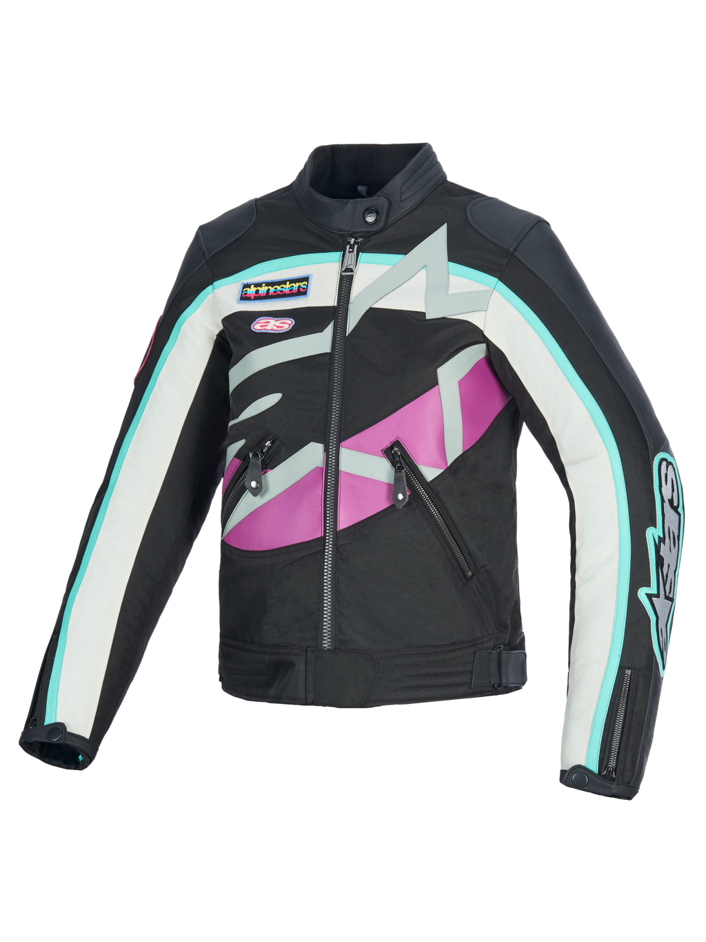 Alpinestars Idles damjacka, motorcykeljacka, svart, benvit och lila, med vintageinspirerad racingdesign, djärv omslutande Alpinestars-logotyp och märkeslappar, textil- och läderkonstruktion, vattenavvisande urban körutrustning
