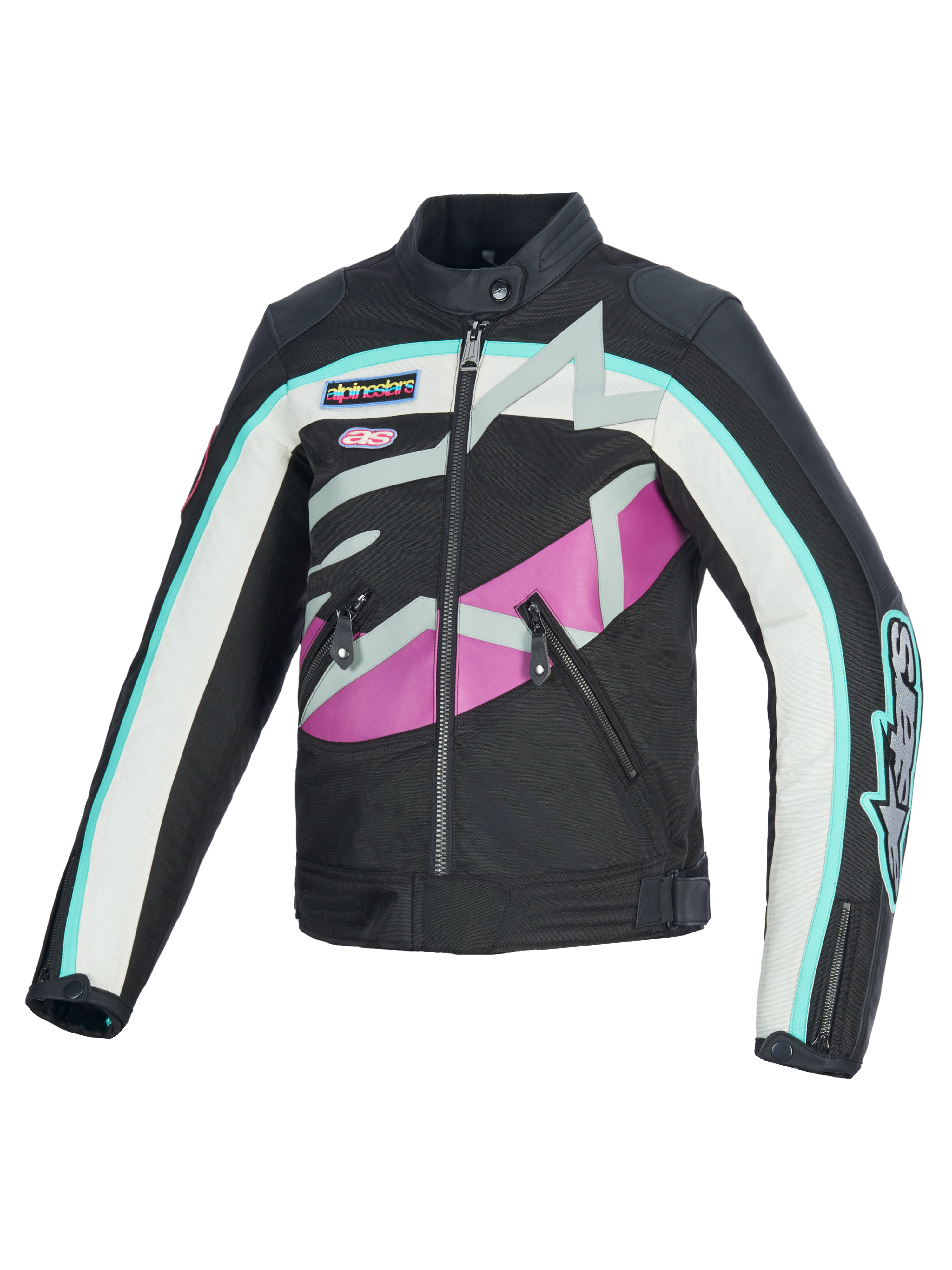 Alpinestars Idles damjacka, motorcykeljacka, svart, benvit och lila, med vintageinspirerad racingdesign, djärv omslutande Alpinestars-logotyp och märkeslappar, textil- och läderkonstruktion, vattenavvisande urban körutrustning