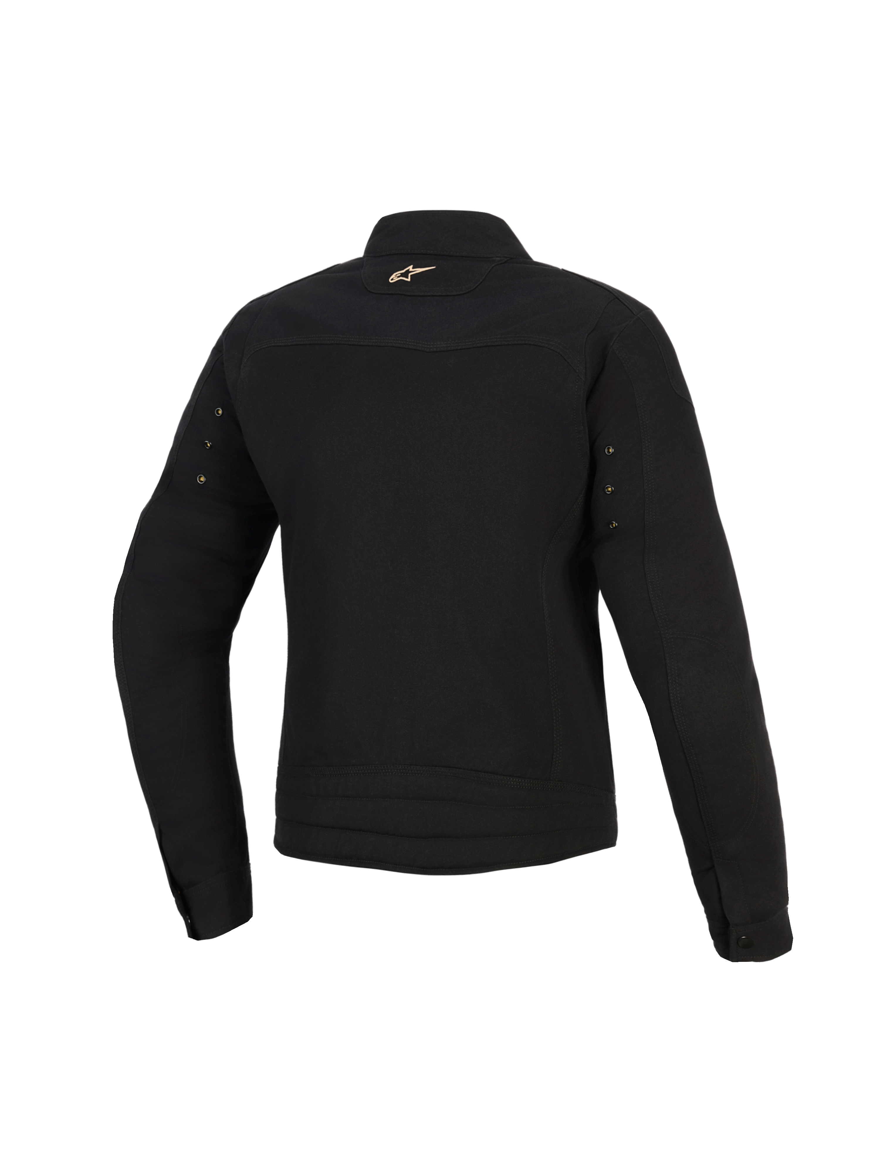 Alpinestars Stella Grace Jacket, Women's Urban Motorcycle Jacket, Black, back view featuring a small gold Astar logo on the neck, metal hardware eyelets on the sleeves, and pleated stitching at the lower back.