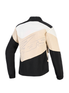 Alpinestars Stella Moshell Jacket, Women's Urban Motorcycle Jacket, Black Sand and Off White, back view featuring asymmetrical color-blocked panels and a large script brand logo across the center.