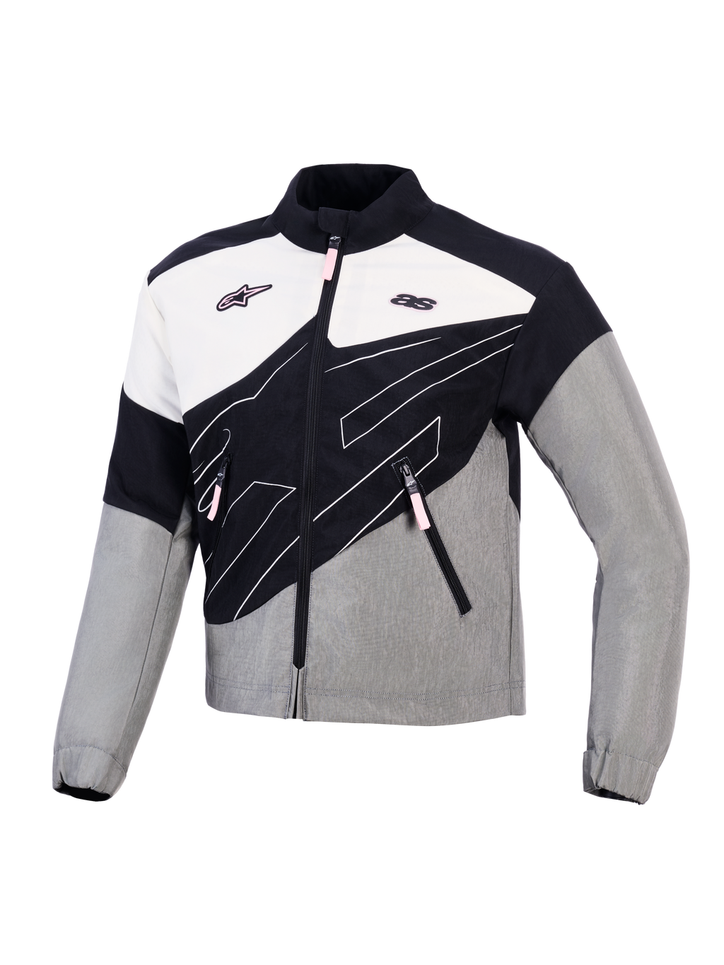 Alpinestars Stella Moshell Women's Urban Motorcycle Jacket in gray, black, and white with pink accents, windproof textile.