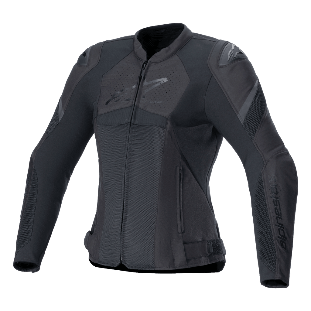 Alpinestars Stella T-GP Plus R V4 Airflow Jacket, Women's Sport Motorcycle Jacket, Black, featuring large mesh ventilation panels, perforated chest sections with Alpinestars logo, DFS Lite shoulder protectors, and a pre-curved anatomical fit for summer riding.