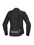 Alpinestars Honda Stella T-SPS Air V2 damjacka, vy bakifrån, svart med mörkgrå och isgrå detaljer, med en stor tech-meshpanel på ryggen och vit Honda-logotyp nedtill, prestandainriktad dampassform