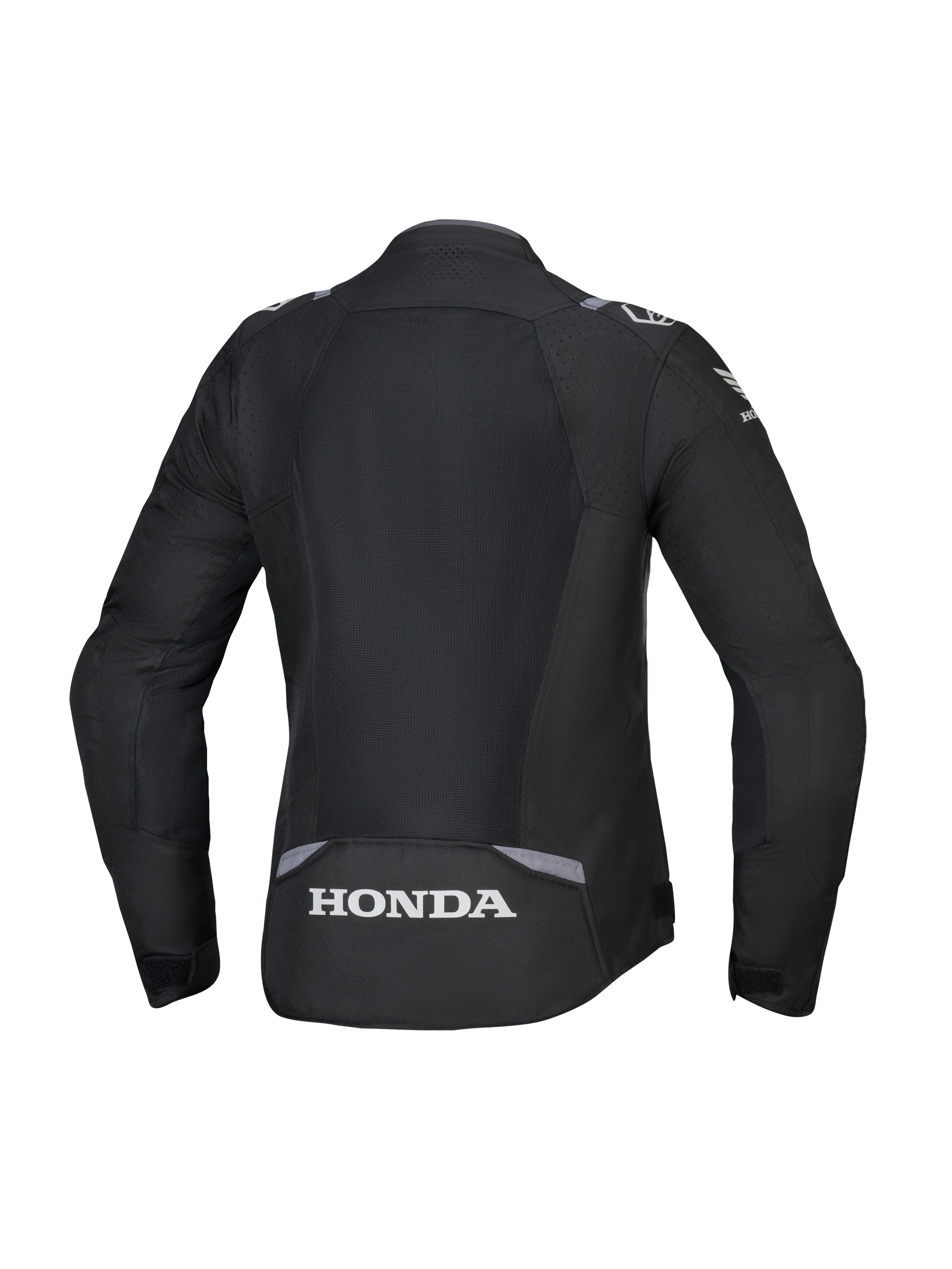 Alpinestars Honda Stella T-SPS Air V2 damjacka, vy bakifrån, svart med mörkgrå och isgrå detaljer, med en stor tech-meshpanel på ryggen och vit Honda-logotyp nedtill, prestandainriktad dampassform