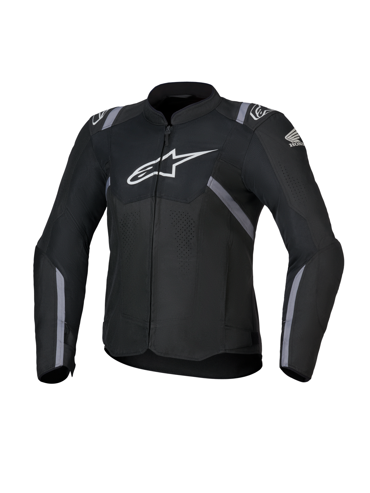Alpinestars Honda Stella T-SPS Air V2 motorcykeljacka för dam, textiljacka, svart med vita Alpinestars- och Honda-logotyper, grå ränder, perforerade meshpaneler för luftflöde, sportig passform