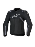 Alpinestars Honda Stella T-SPS Air V2 motorcykeljacka för dam, textiljacka, svart med vita Alpinestars- och Honda-logotyper, grå ränder, perforerade meshpaneler för luftflöde, sportig passform