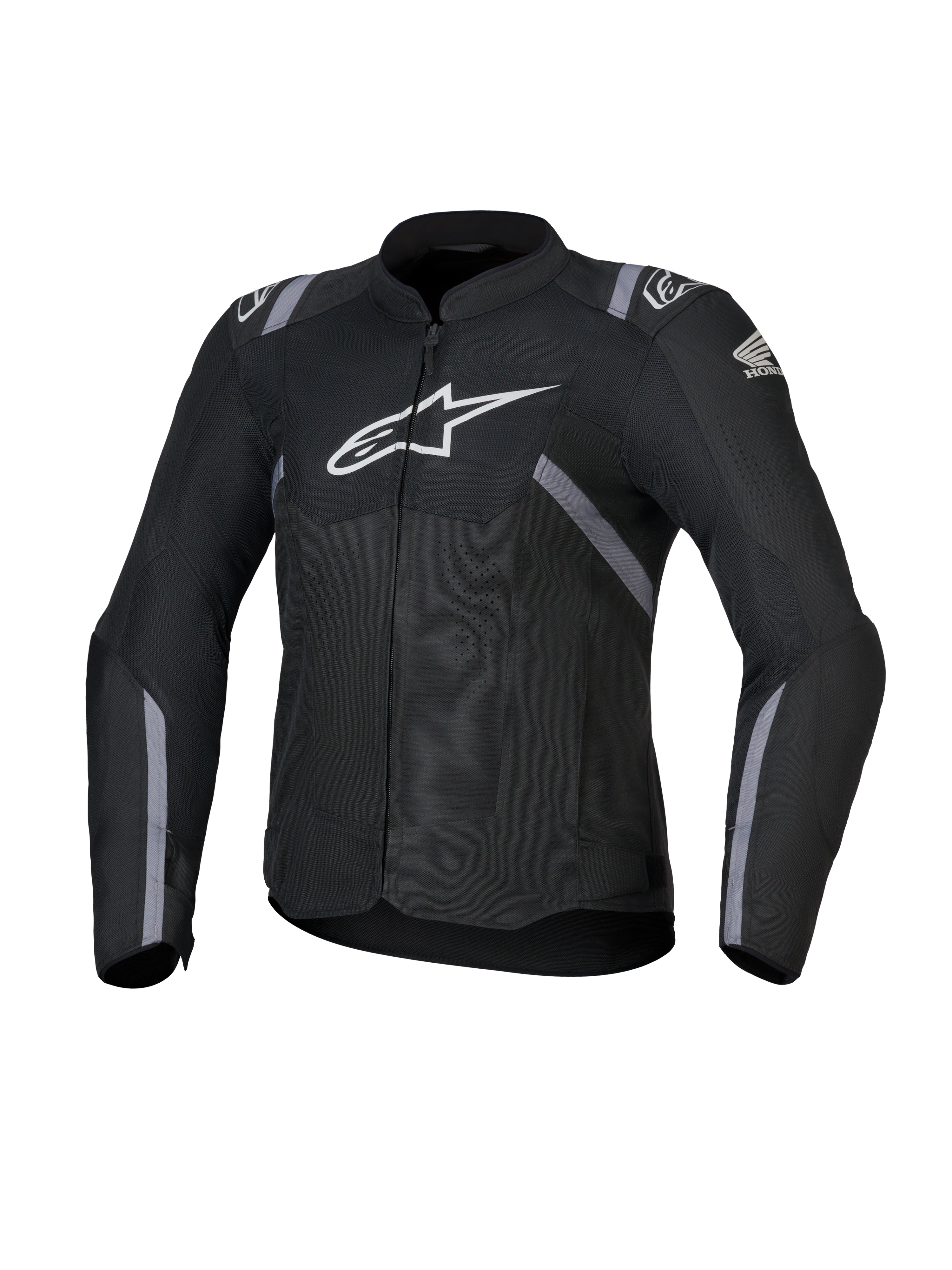 Alpinestars Honda Stella T-SPS Air V2 motorcykeljacka för dam, textiljacka, svart med vita Alpinestars- och Honda-logotyper, grå ränder, perforerade meshpaneler för luftflöde, sportig passform