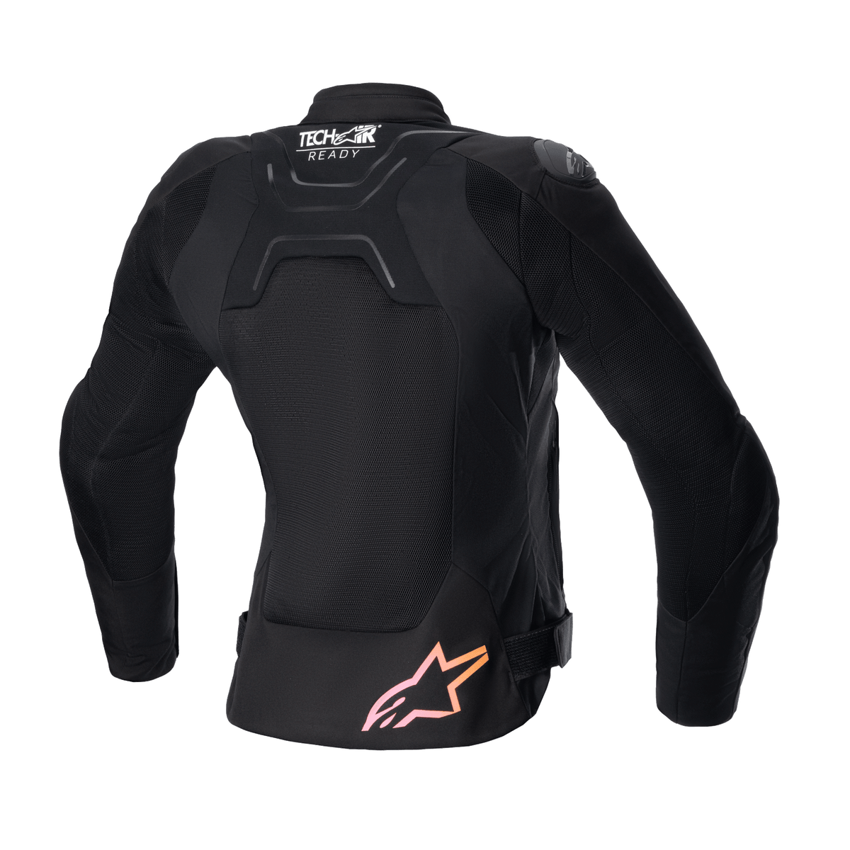 Alpinestars Women Stella SMX Air Jacket, Back view, Black with mesh panels, featuring 'Tech-Air Ready' logo on upper back and pink to orange gradient star logo at the bottom, protective street sport motorcycle jacket