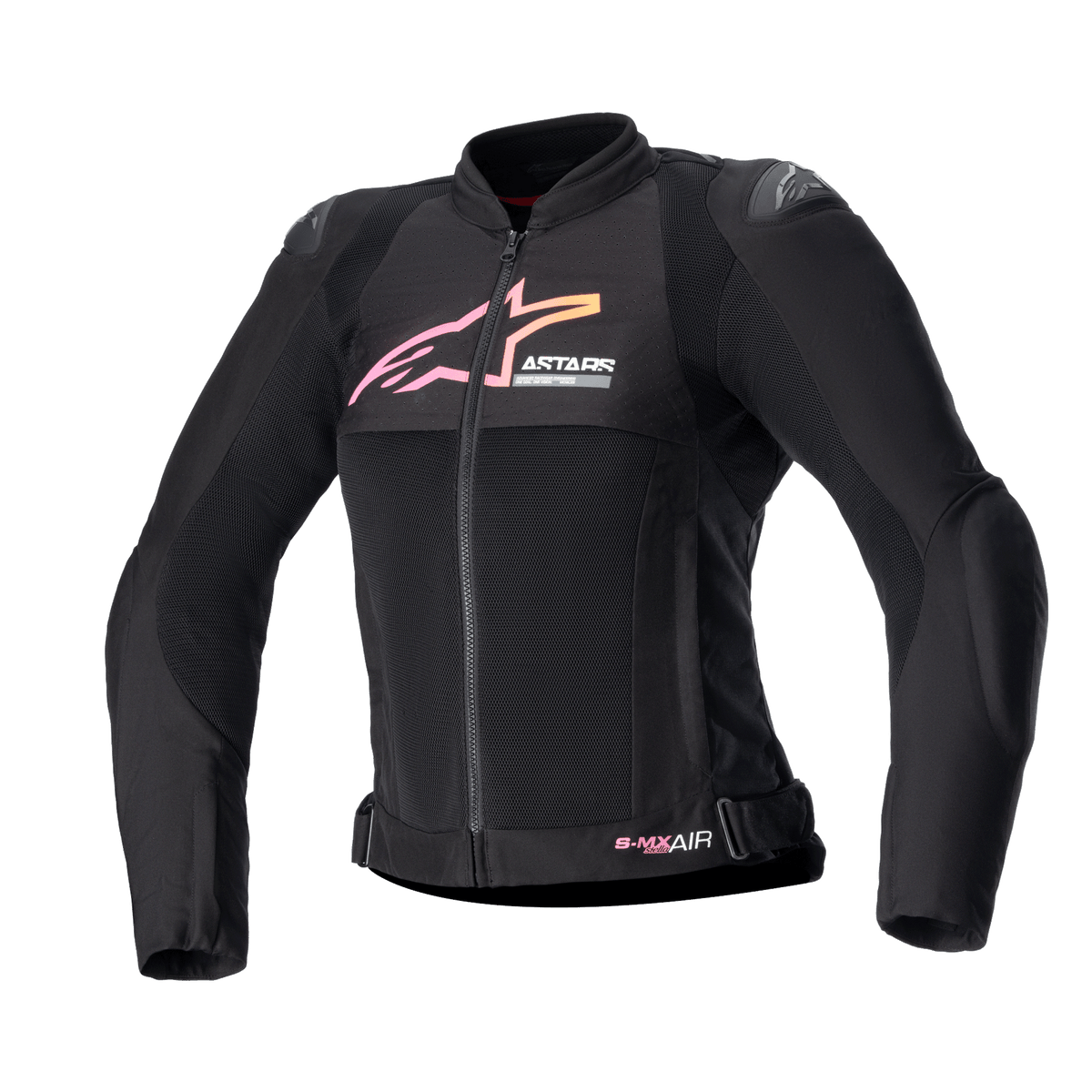 Alpinestars Women Stella SMX Air Jacket, Motorcycle Jacket, Black with Pink and Yellow gradient logo, front view featuring mesh ventilation panels, DFS Lite shoulder protectors, and sporty ergonomic design
