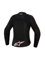 Alpinestars Stella SMX Air-jacka för dam, vy bakifrån, svart med vita och röd-fluo detaljer, stor vit Alpinestars-logotyp på nedre ryggen, meshpaneler för ventilation och Tech-Air Ready-märkning på övre ryggen.