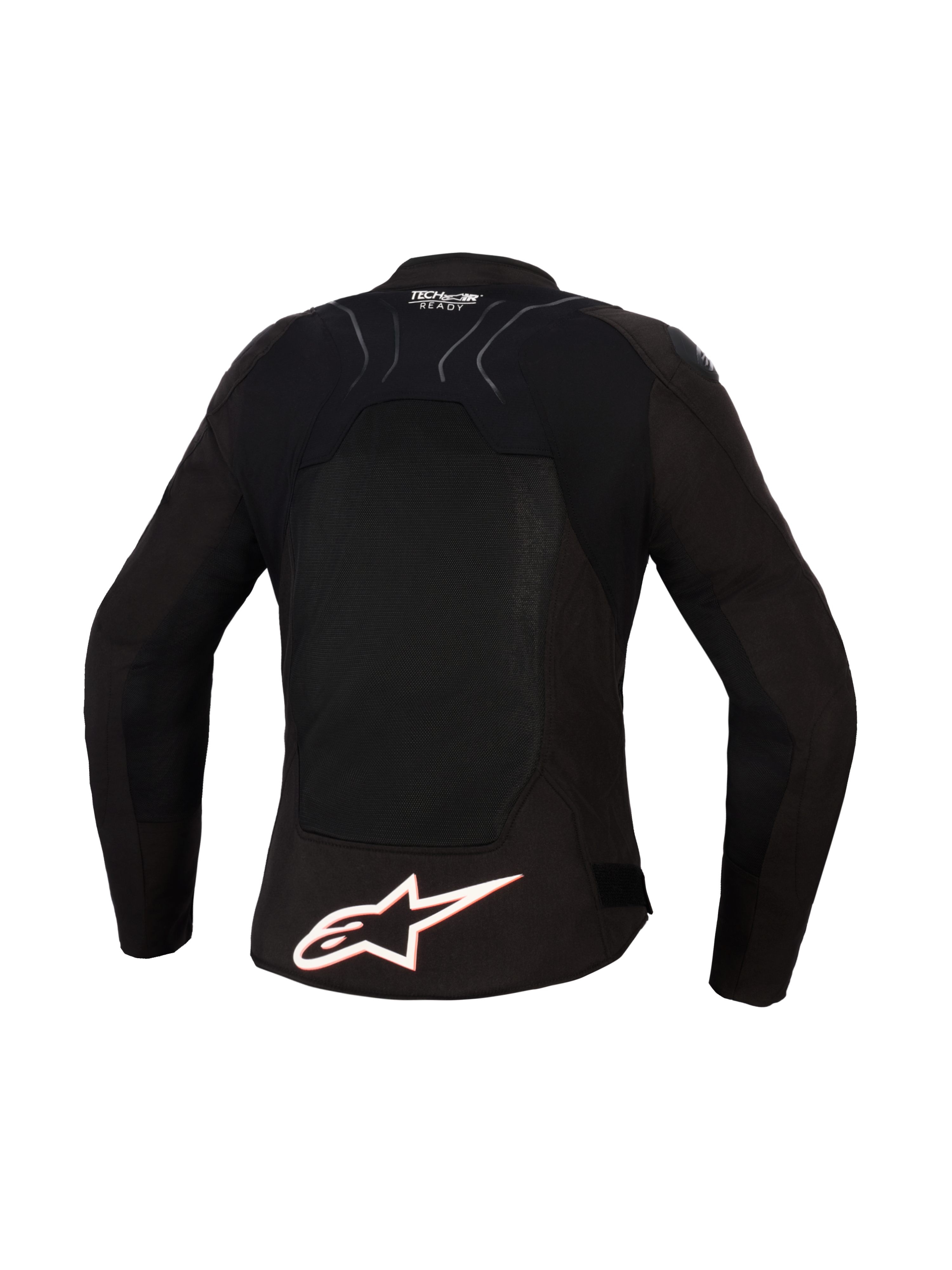 Alpinestars Stella SMX Air-jacka för dam, vy bakifrån, svart med vita och röd-fluo detaljer, stor vit Alpinestars-logotyp på nedre ryggen, meshpaneler för ventilation och Tech-Air Ready-märkning på övre ryggen.