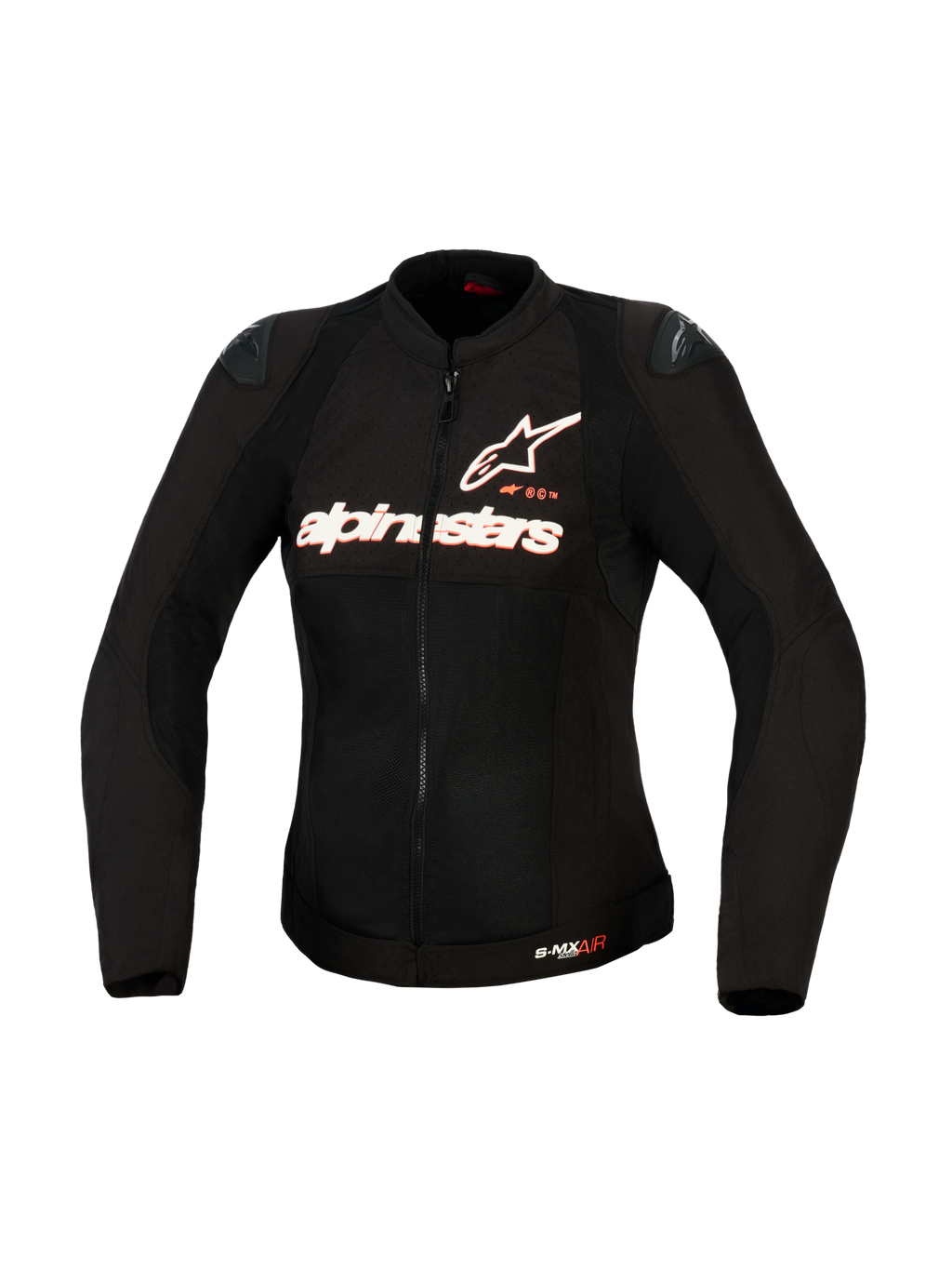 Alpinestars Stella SMX Air jacka för dam, mc-textiljacka, svart med vit och röd fluo-branding, vy framifrån som visar mesh-konstruktion för högt luftflöde, Alpinestars bröstlogotyp och DFS Lite axelsliders, skräddarsydd för kvinnliga förare.