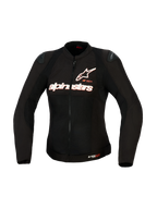 Alpinestars Stella SMX Air jacka för dam, mc-textiljacka, svart med vit och röd fluo-branding, vy framifrån som visar mesh-konstruktion för högt luftflöde, Alpinestars bröstlogotyp och DFS Lite axelsliders, skräddarsydd för kvinnliga förare.