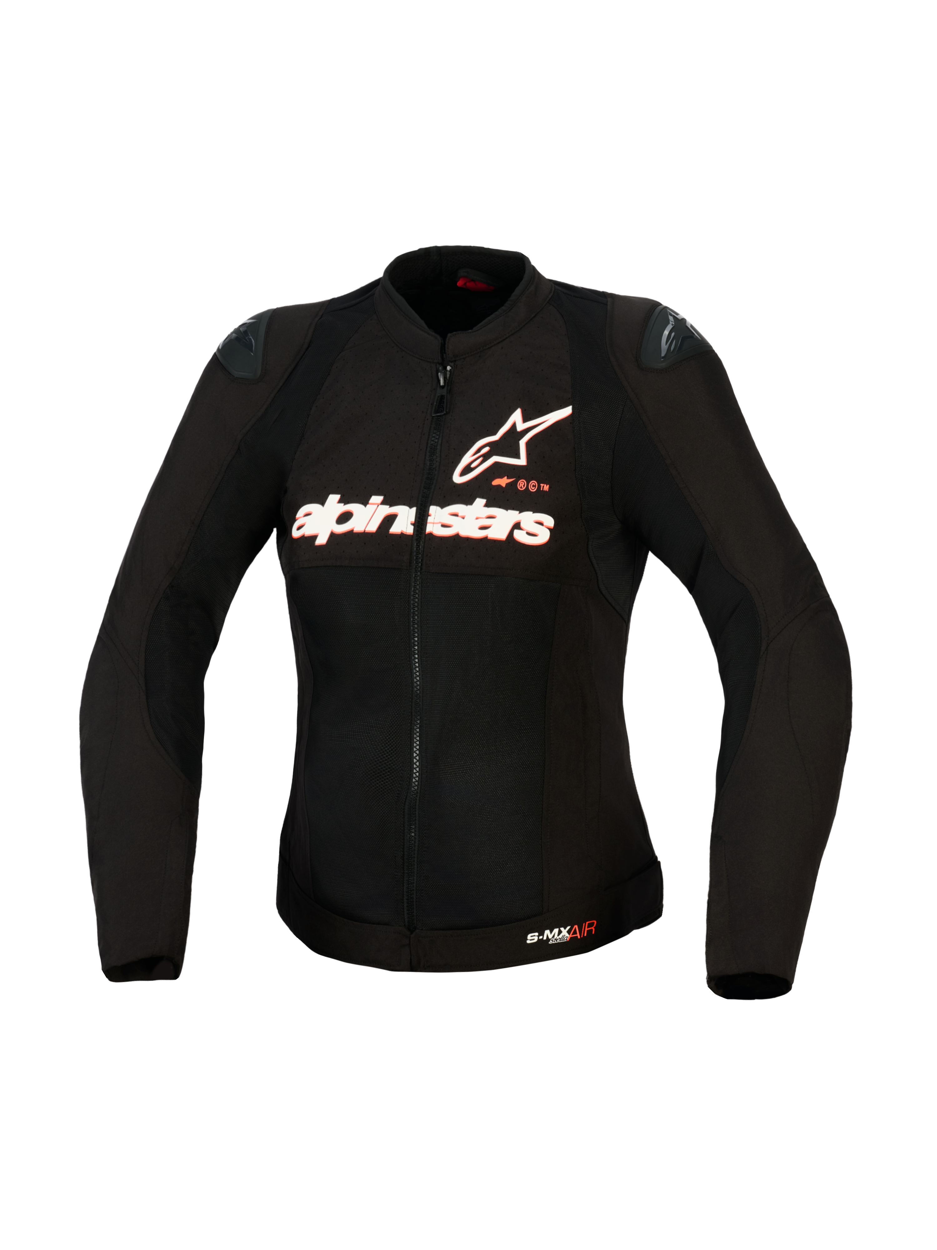 Alpinestars Stella SMX Air jacka för dam, mc-textiljacka, svart med vit och röd fluo-branding, vy framifrån som visar mesh-konstruktion för högt luftflöde, Alpinestars bröstlogotyp och DFS Lite axelsliders, skräddarsydd för kvinnliga förare.