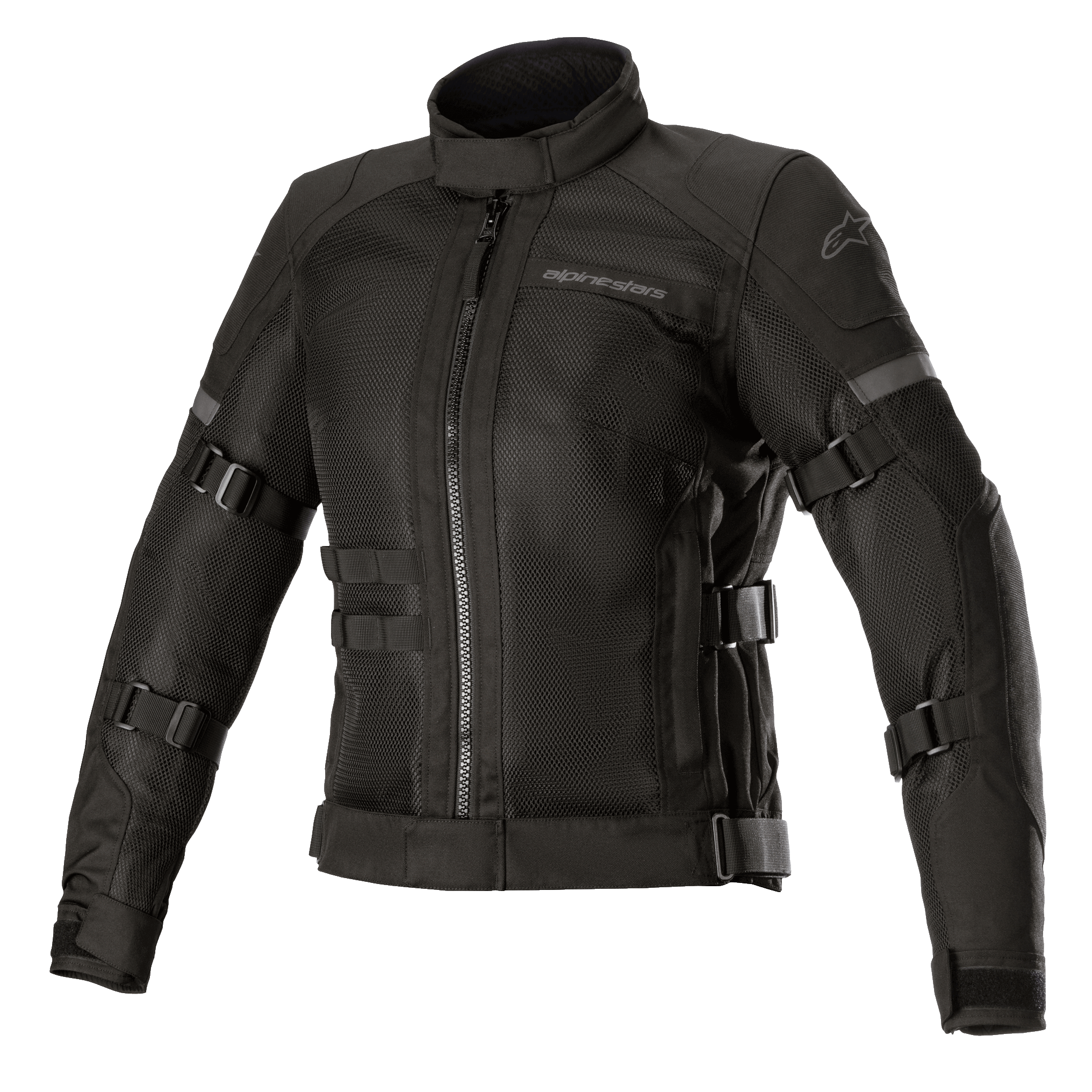 Alpinestars Stella Crosshill WP Air Jacket, damjacka för motorcykel, svart, med stora tech mesh-paneler för luftflöde, justerbara remmar på ärmar och torso, hög krage med dragkedja fram, stilren touringdesign med diskret logotyp