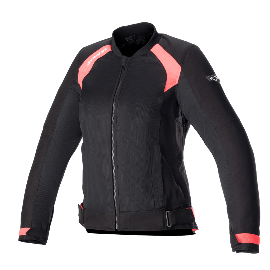 Alpinestars Eloise V2 Women's Air Jacket, Black and Diva Pink, bomber-style textile motorcycle jacket featuring mesh panels for ventilation, front zipper, adjustable waist straps, and an ergonomic fit for women riders.