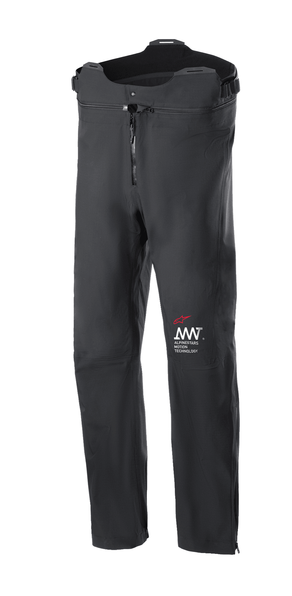 Alpinestars AMT Storm Gear Drystar XF-byxor, svarta motorcykelbyxor för touring, vattentäta och ventilerande, dragkedja framtill, justerbar midja med högre skärning i ryggen, hållbar konstruktion med röd och vit AMT-logotyp