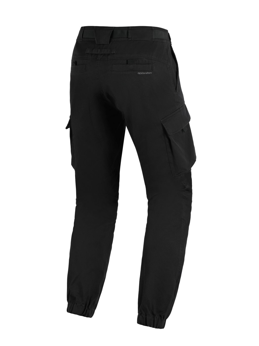 Alpinestars Flex-AST Cargo Pants - Short, svarta urbana motorcykelbyxor sedda bakifrån, avsmalnande passform, elastiska benslut, cargofickor på sidorna och en diskret logotyp på bakfickan.