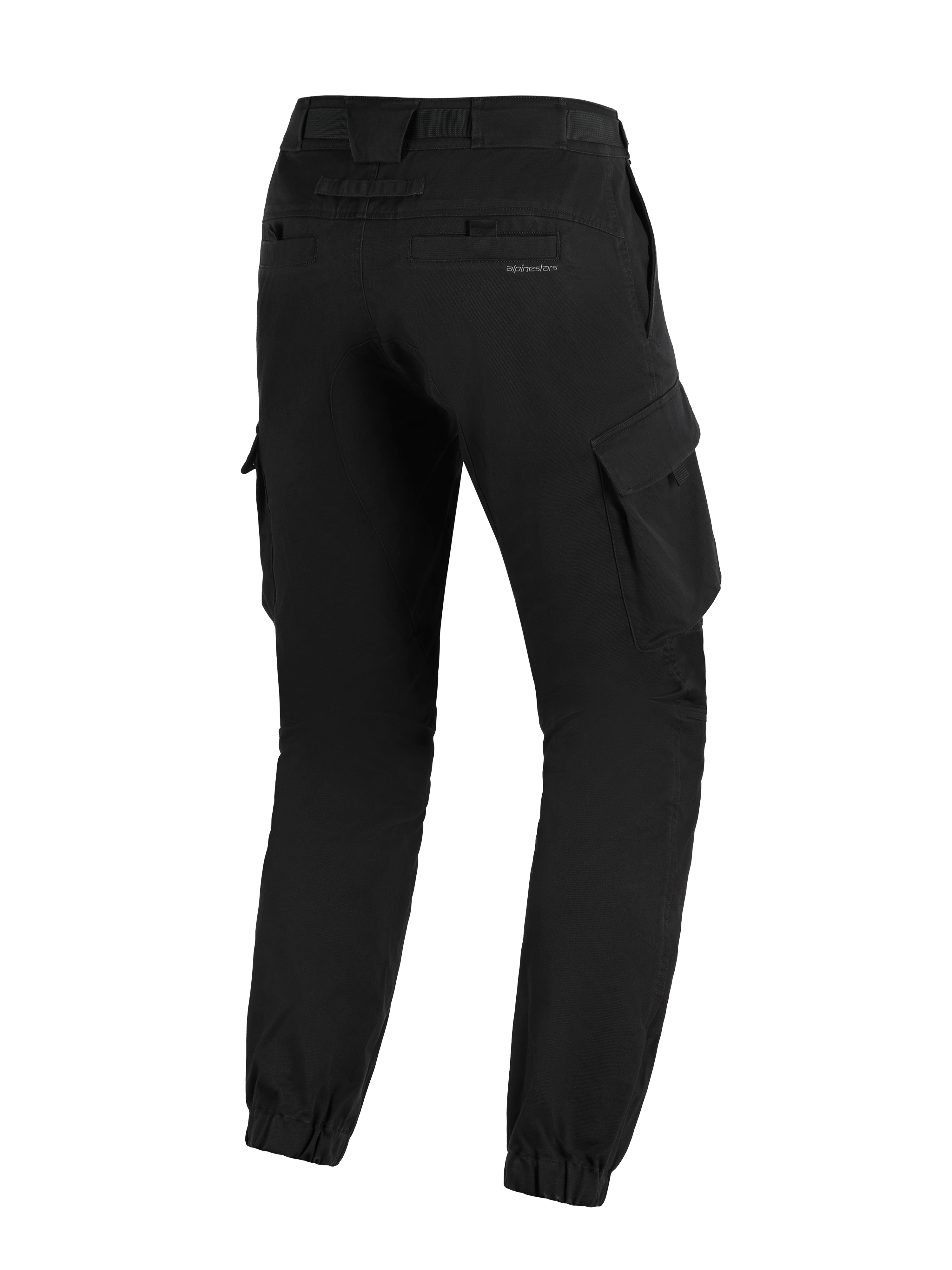 Alpinestars Flex-AST Cargo Pants - Short, svarta urbana motorcykelbyxor sedda bakifrån, avsmalnande passform, elastiska benslut, cargofickor på sidorna och en diskret logotyp på bakfickan.