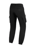 Alpinestars Flex-AST Cargo Pants, Black, rear three-quarter view, urban motorcycle pants featuring large side cargo pockets, elasticated hems, and subtle branding on the back pocket.