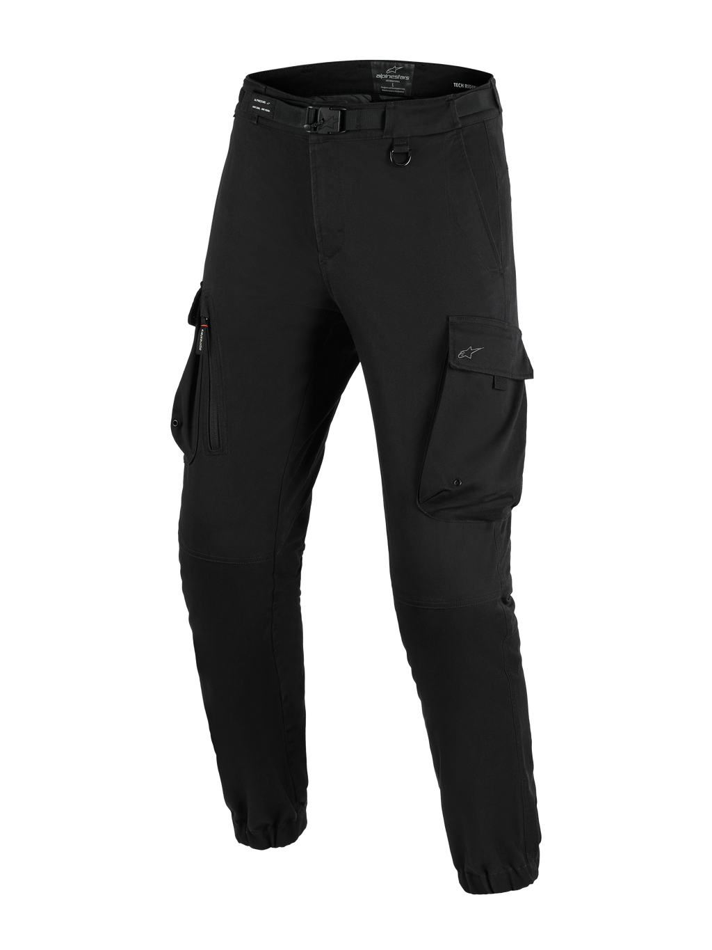Alpinestars Flex-AST Cargo Pants - Short, urbana motorcykelbyxor, svarta, regular tapered passform med elastiska benslut, integrerat bälte med spänne, D-ring och stora sidofickor av cargomodell.