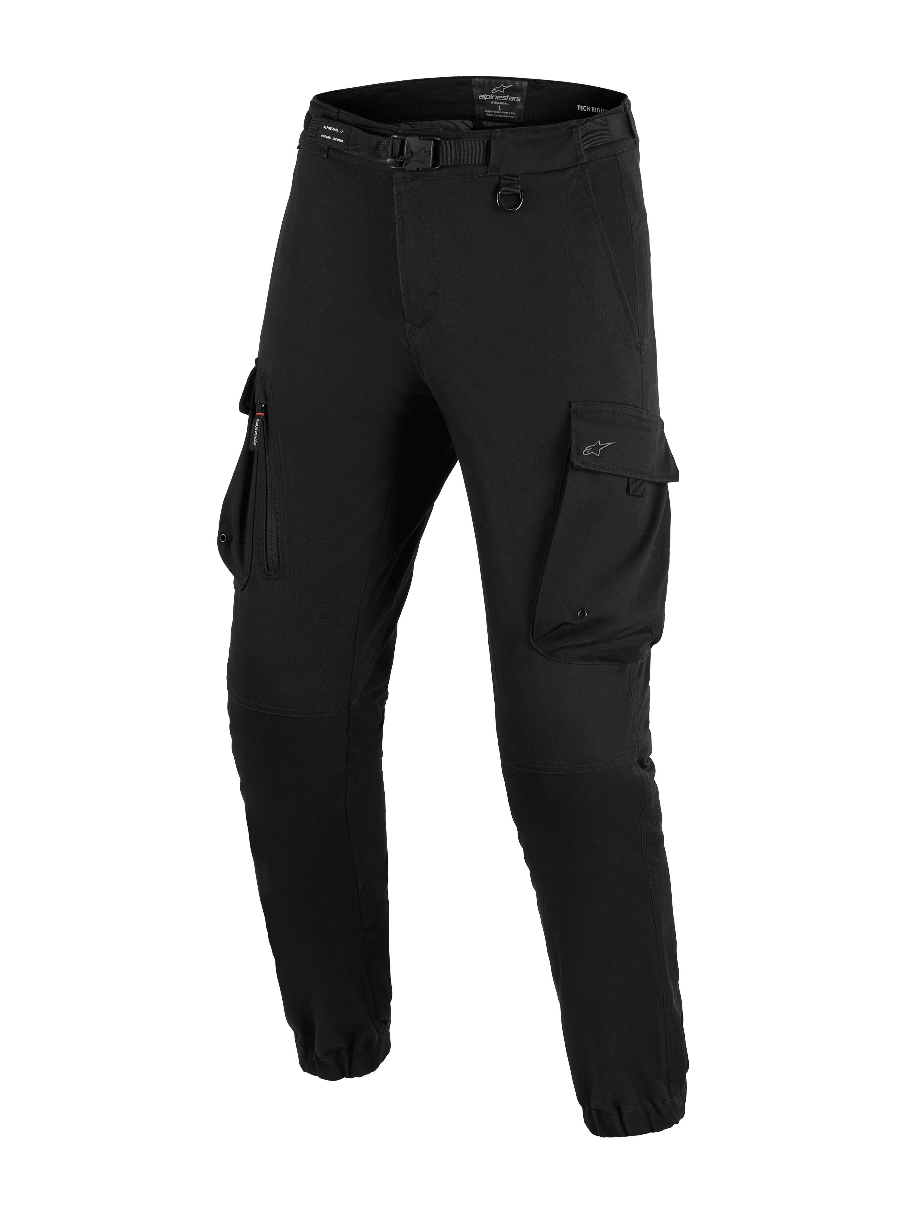 Alpinestars Flex-AST Cargo Pants - Short, urbana motorcykelbyxor, svarta, regular tapered passform med elastiska benslut, integrerat bälte med spänne, D-ring och stora sidofickor av cargomodell.