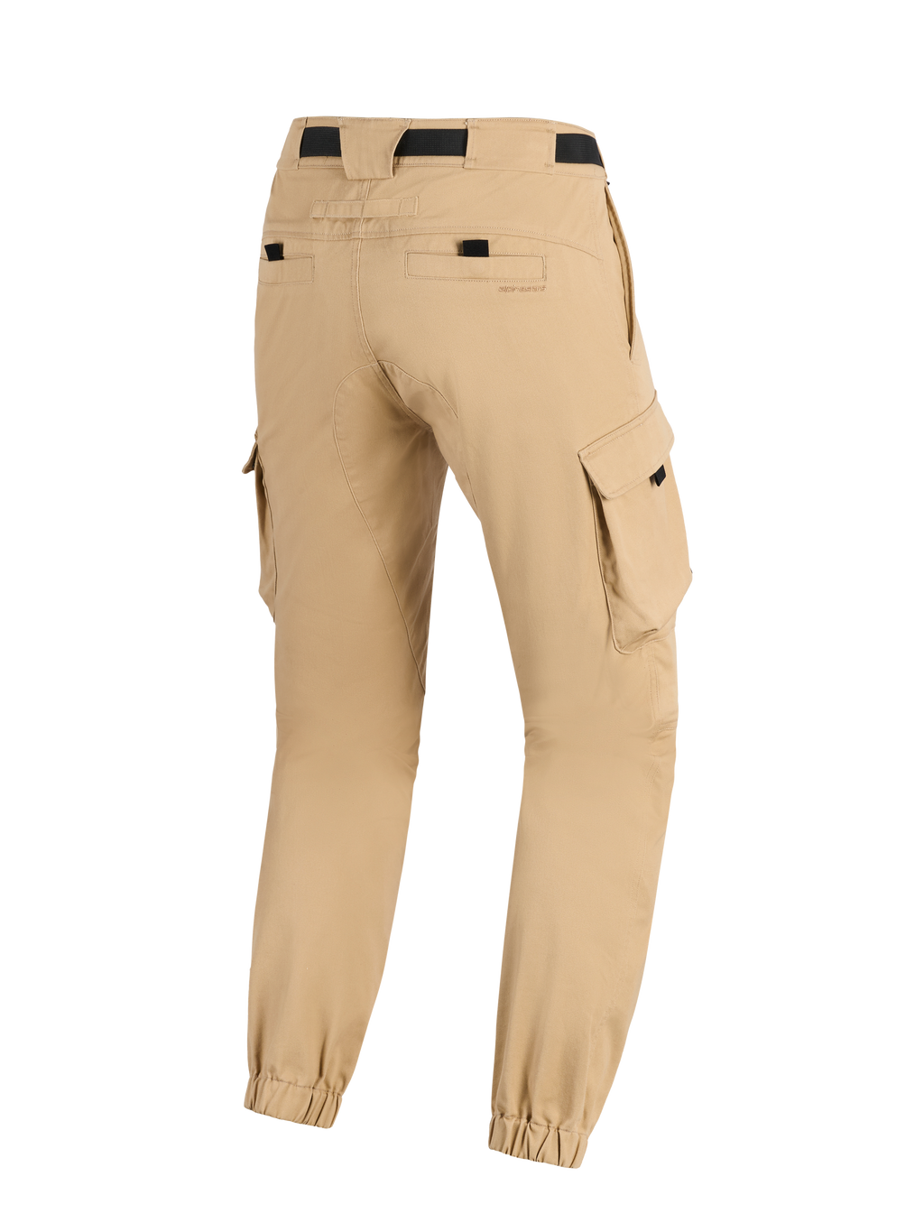 Alpinestars Flex-AST Cargo Pants, ljusbeige, motorcykelbyxor, vy bakifrån som visar avsmalnande ben med elastiska benslut, cargofickor på sidorna och svart midjerem, urban militärinspirerad design