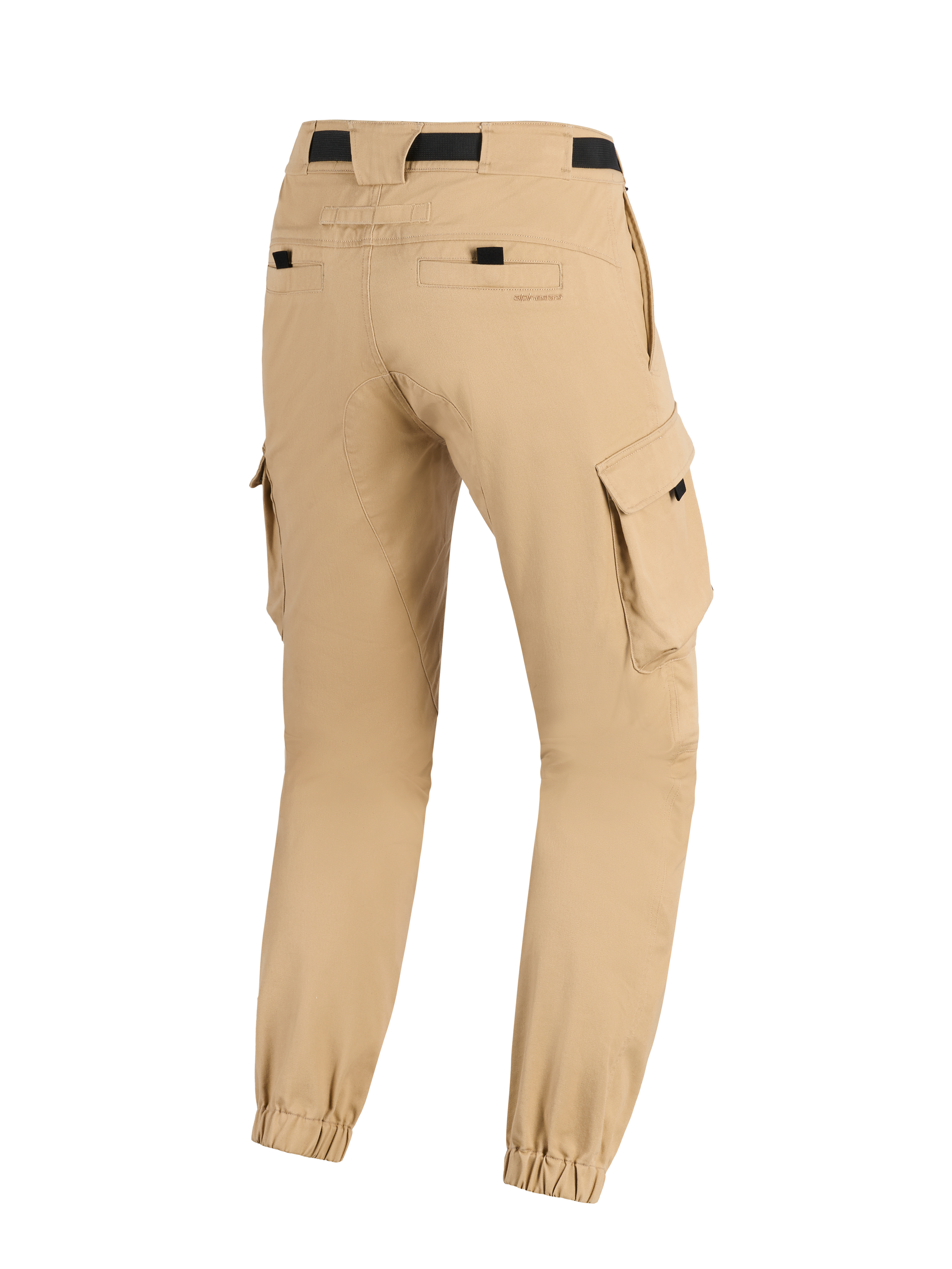 Alpinestars Flex-AST Cargo-byxor - Short, urbana motorcykelbyxor, ljusbeige, vy bakifrån som visar sidofickor av cargomodell, elastiska benslut och bakfickor med svarta detaljer, robust modern design