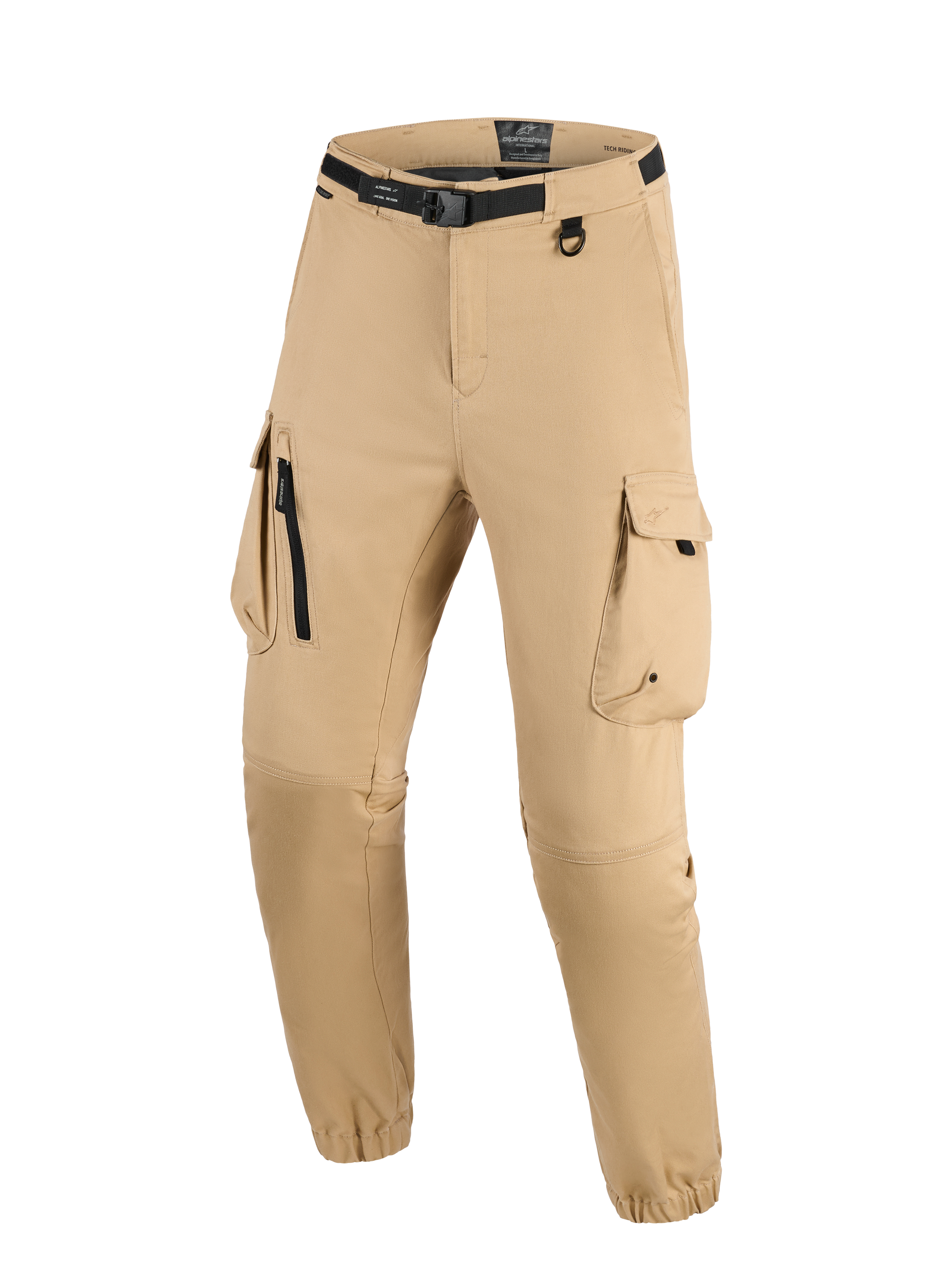 Alpinestars Flex-AST Cargo Pants, ljusbeige, tekniska urbana motorcykelbyxor med integrerat svart bälte med spänne, stora cargofickor med dragkedja och lockdetaljer, D-ring och elastiska benslut, modern robust stil för körning.