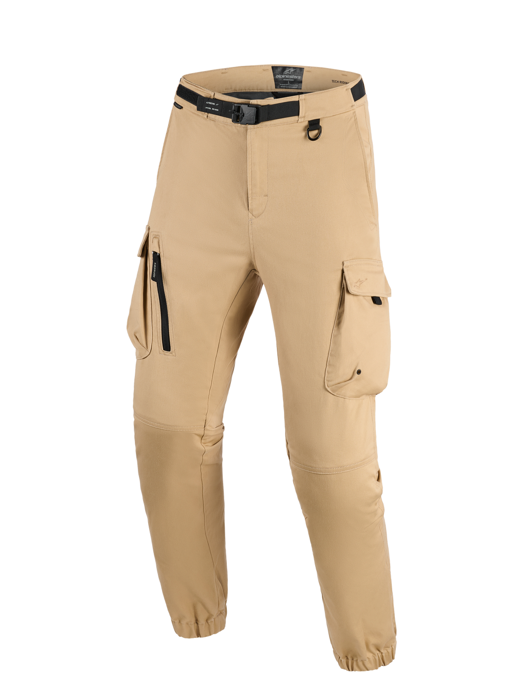 Alpinestars Flex-AST Cargo Pants - Short, ljusbeige, urbana motorcykelbyxor med cargodesign med flera fickor, integrerat svart bälte med spänne, D-ringsfäste och elastiska benslut för en avsmalnande passform