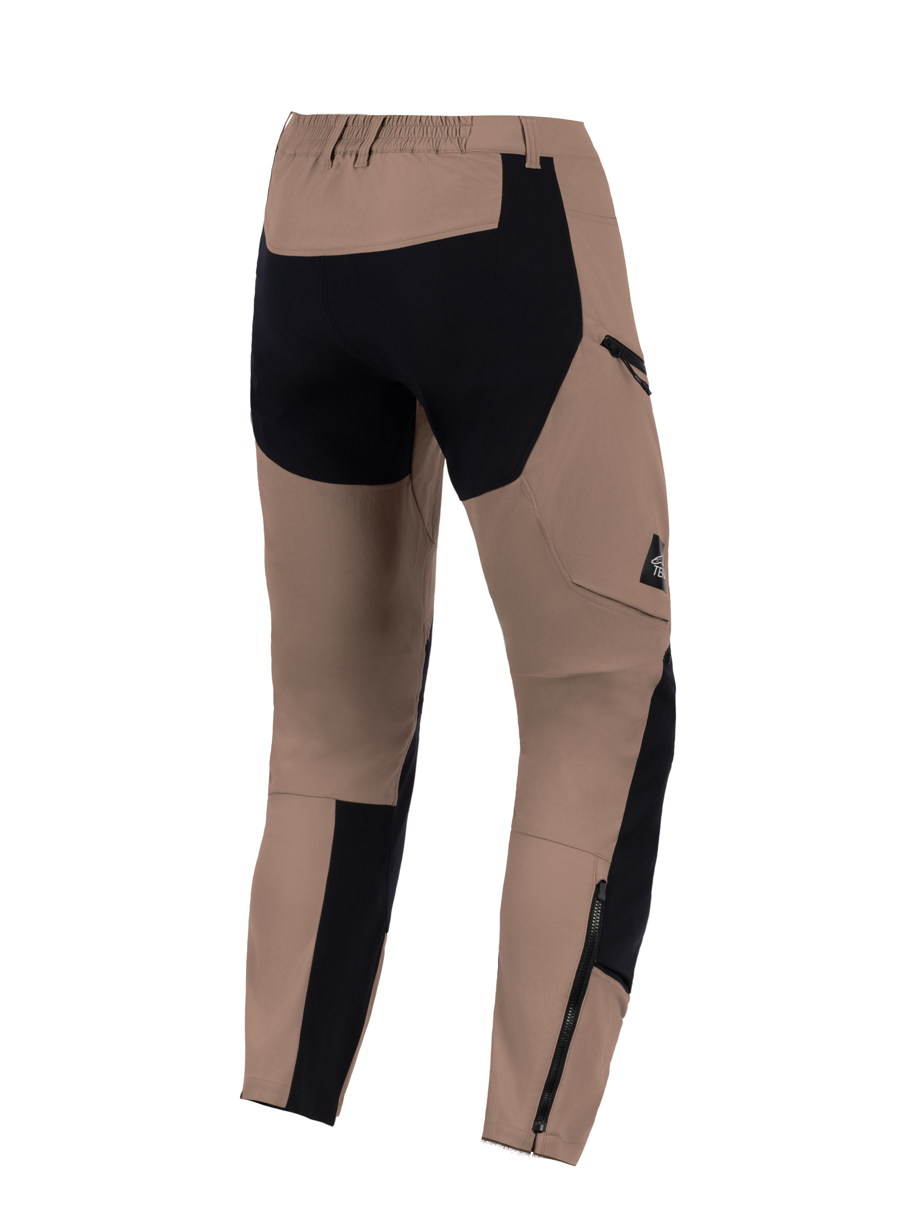 Alpinestars Flex-AST Explorer-byxor, Walnut Black, baksida, äventyrsmotorcykelbyxor med förstärkta svarta paneler på sätet och underbenen, cargoficka med dragkedja och långa dragkedjor vid bensluten för stövelkompatibilitet.