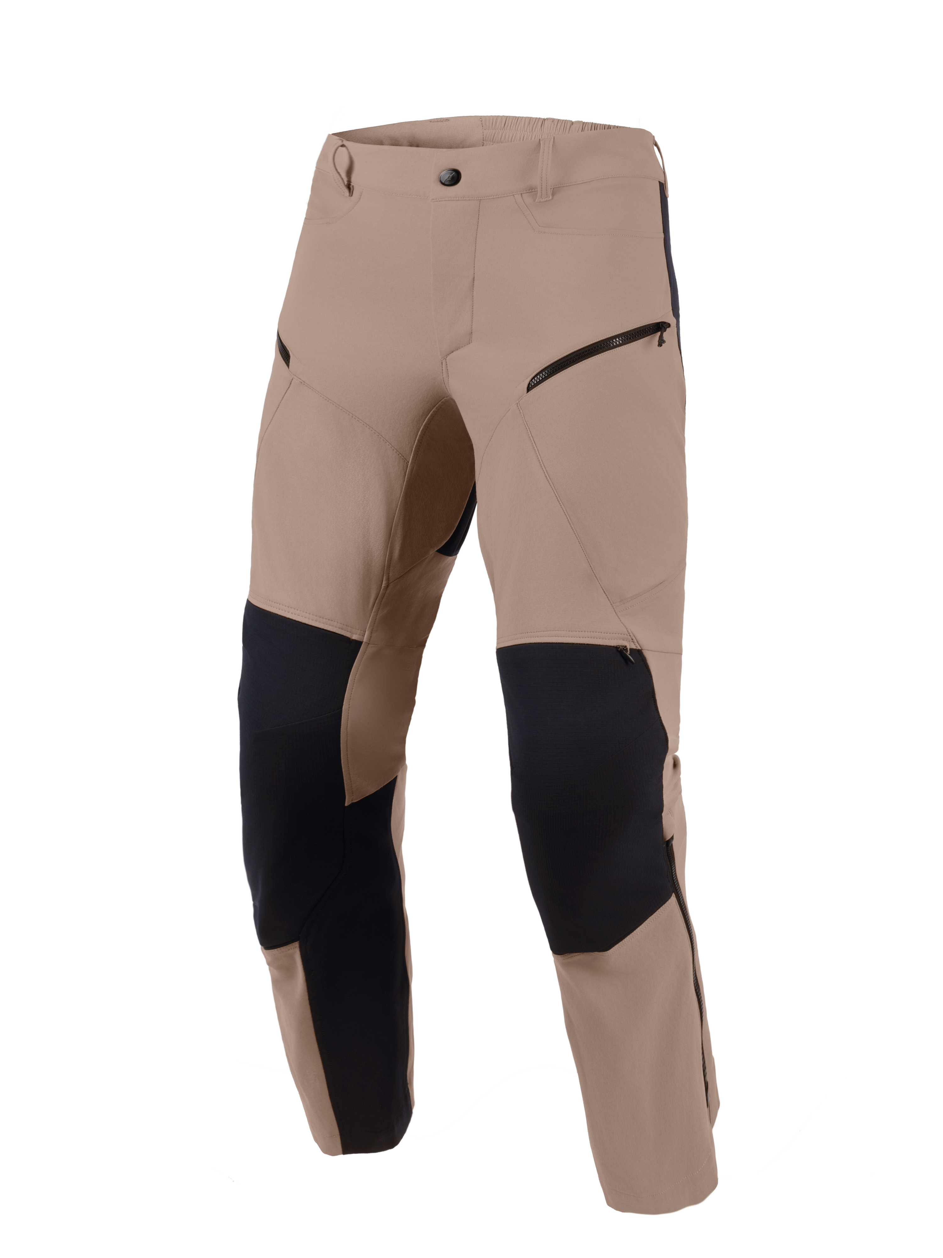 Alpinestars Flex-AST Explorer Pants, Walnut Black, äventyrsmotorcykelbyxor med nötbrun stretchtextil och svarta ripstop-förstärkningar på knän och innerben, cargofickor med dragkedja och slitstark design för varierande terräng.