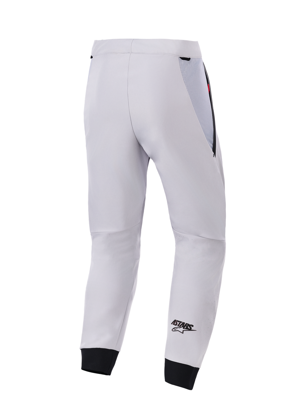 Alpinestars Aeroshell Airflow byxor, baksida, mellangrå, tekniska softshell-motorcykelbyxor, med svarta meshpaneler vid höften och elastiska benslut, svart ASTARS-logotyp på underbenet, lätt och ventilerad sportdesign