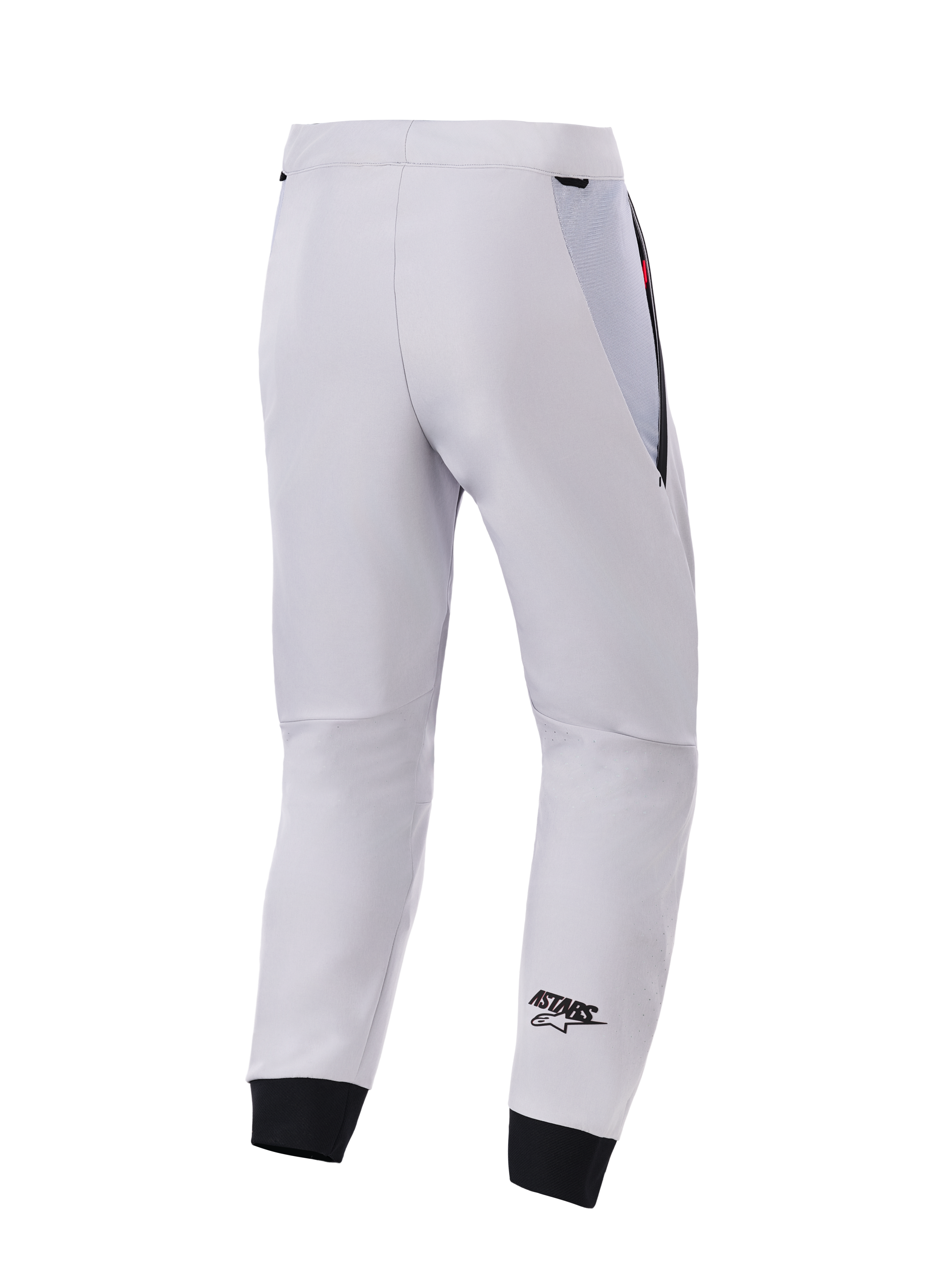 Alpinestars Aeroshell Airflow byxor, baksida, mellangrå, tekniska softshell-motorcykelbyxor, med svarta meshpaneler vid höften och elastiska benslut, svart ASTARS-logotyp på underbenet, lätt och ventilerad sportdesign