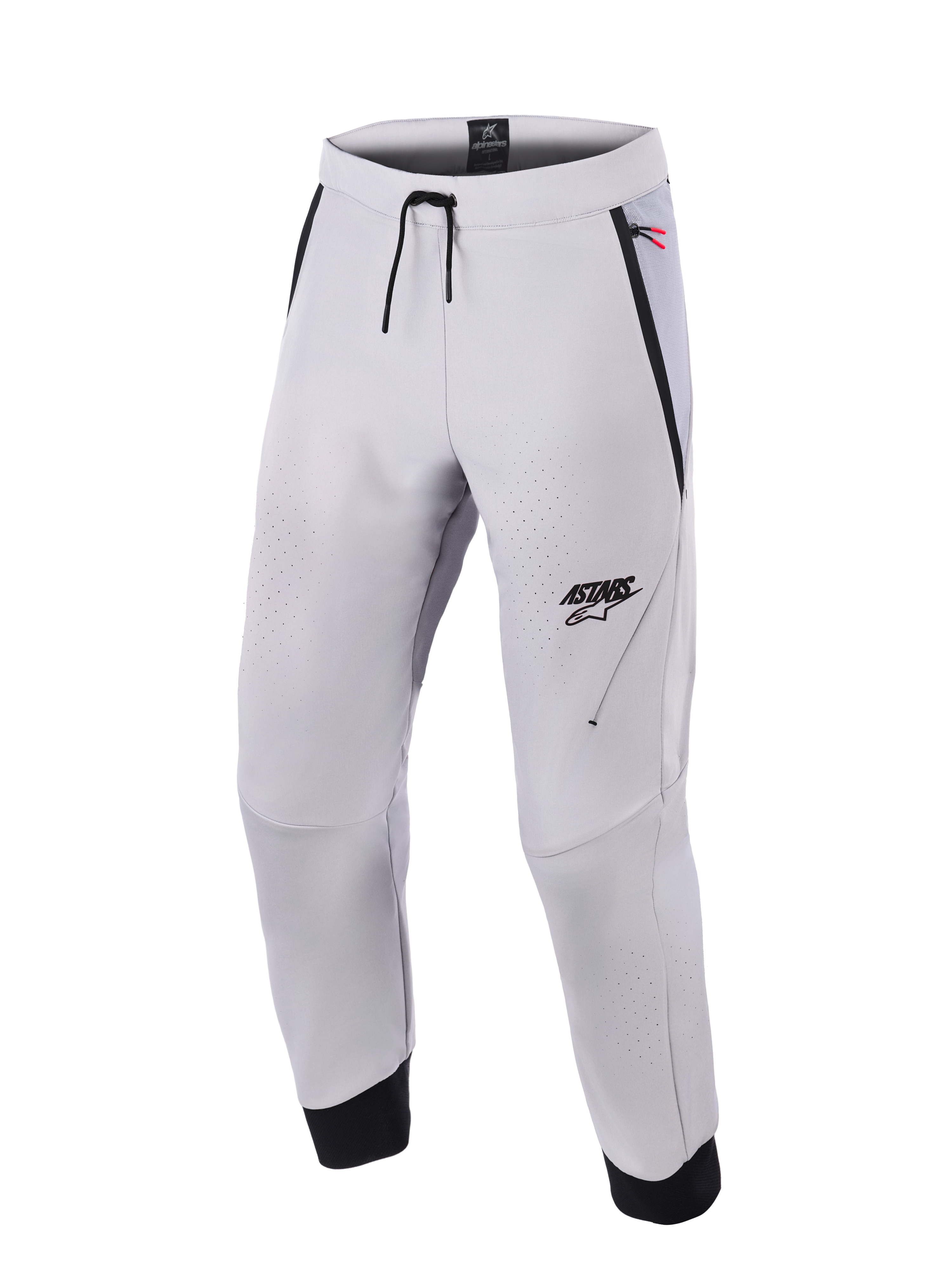 Alpinestars Aeroshell Airflow byxor, mellangrå motorcykelbyxor med laserperforerade ventilationszoner, ASTARS-logotyp på vänster lår, midja med dragsko och svarta ankelmuddar, teknisk softshelldesign för sport- och stadskörning