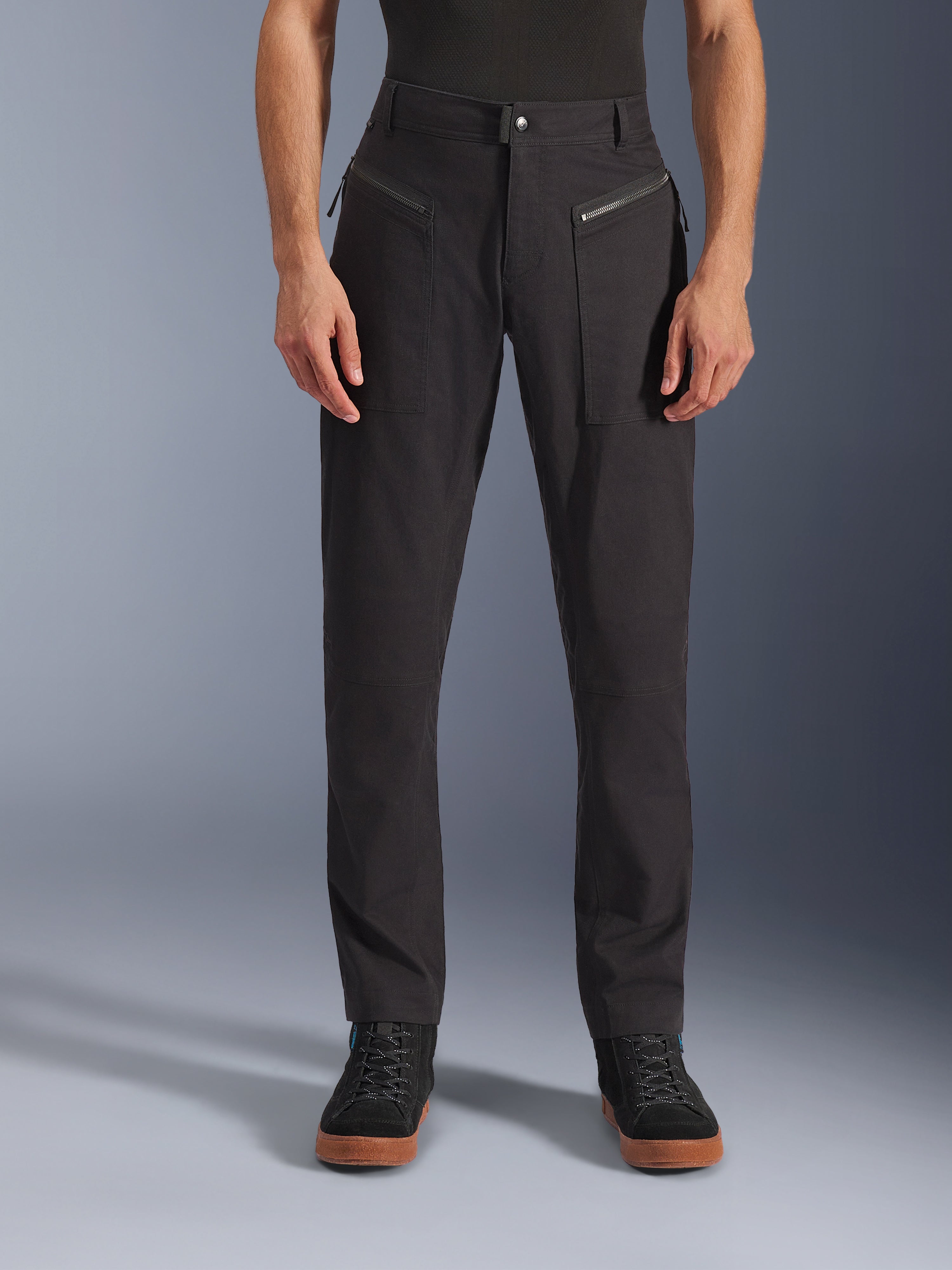 Alpinestars Flex-AST Canvas Pants, Black, front view of urban motorcycle pants featuring zippered front pockets and a slim ergonomic fit, made from stretch polycotton twill, heritage workwear-inspired design for city riders.