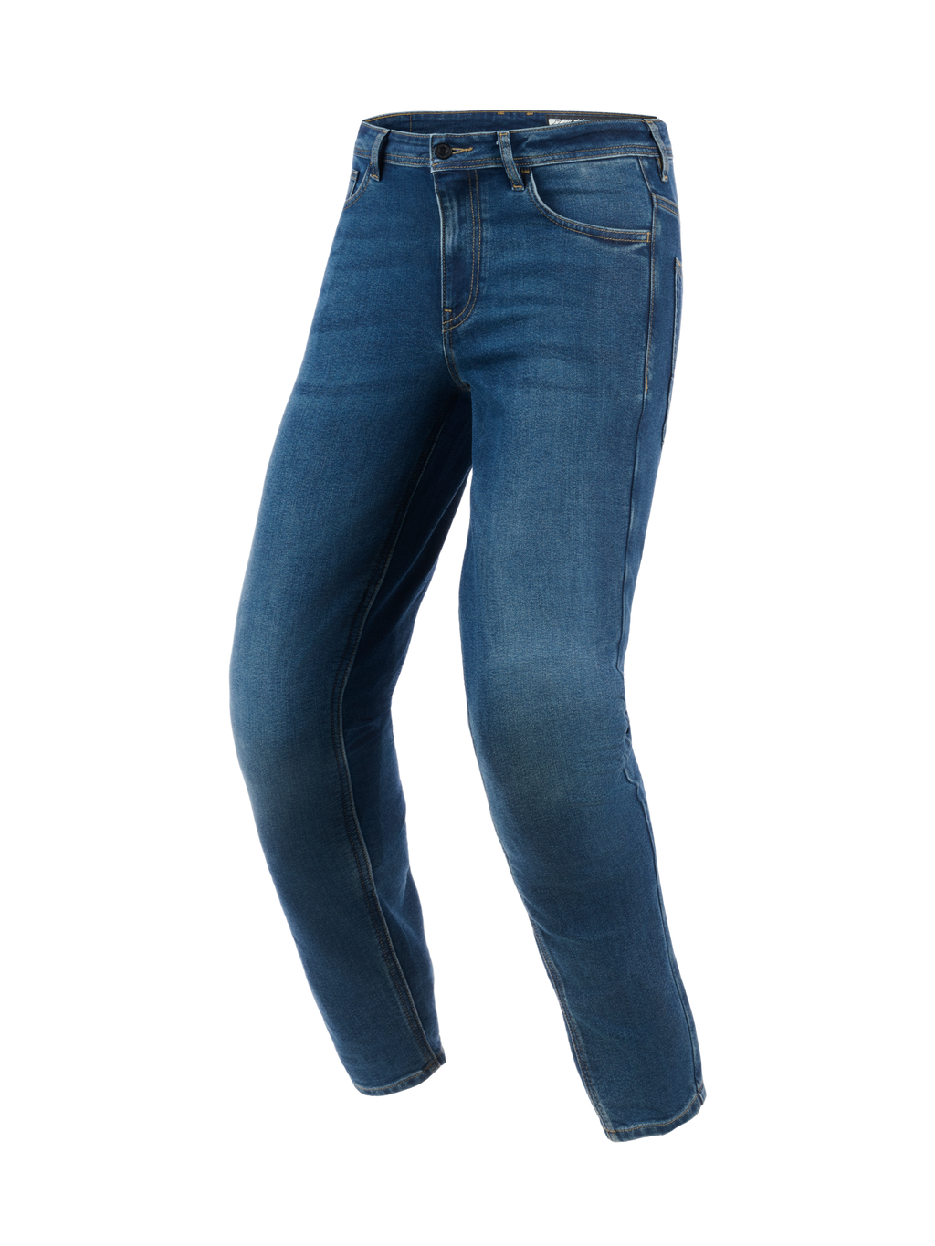 Alpinestars Flex-AST 5 Denim Pants - Short, indigotvättade blå motorcykeljeans, avsmalnande passform med förböjda ben, urban körstil med en ren denimfinish, förstärkta sömmar och klassisk femficksdesign