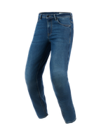 Alpinestars Flex-AST 5 Denim Pants - Short, indigotvättade blå motorcykeljeans, avsmalnande passform med förböjda ben, urban körstil med en ren denimfinish, förstärkta sömmar och klassisk femficksdesign