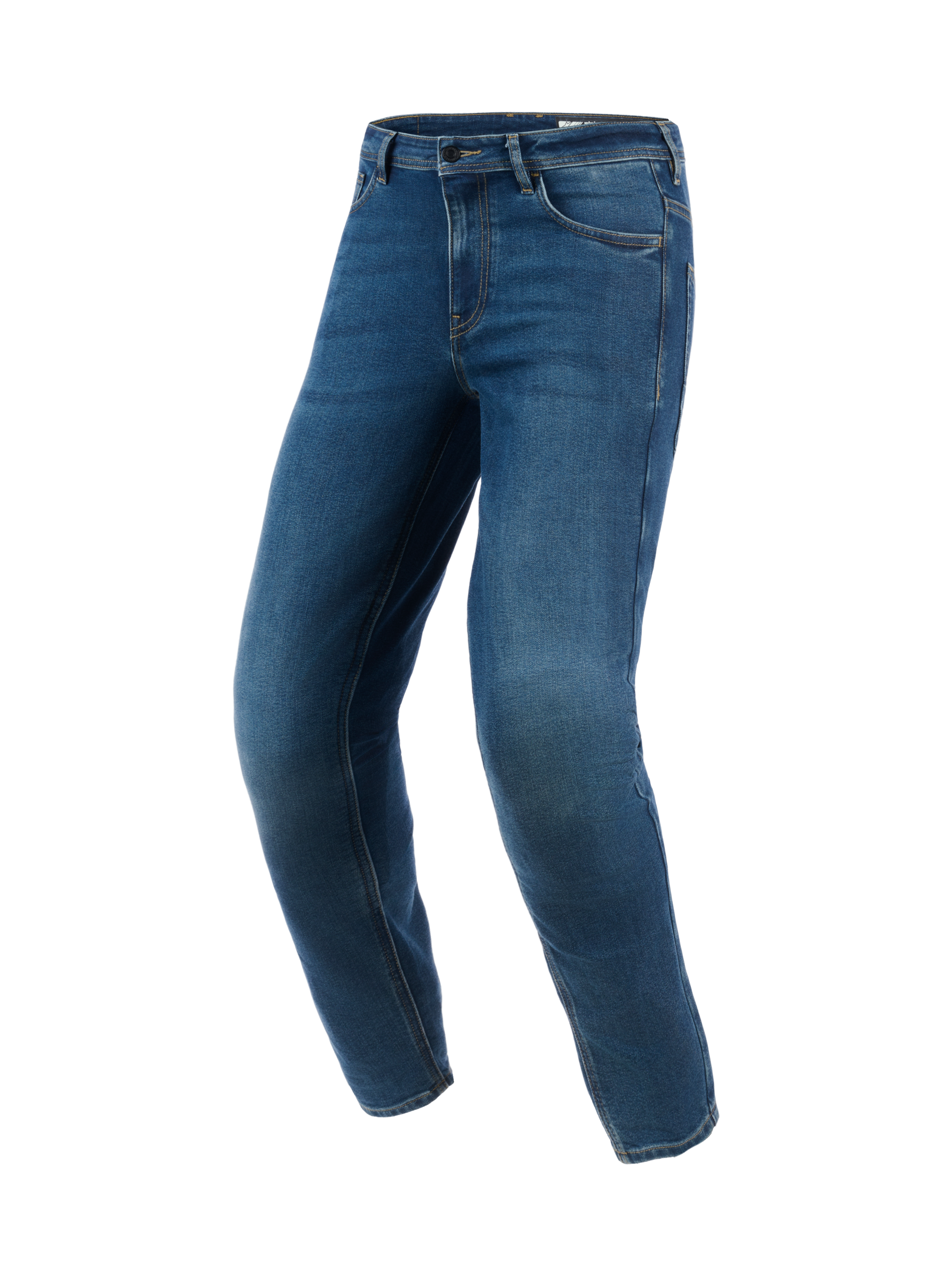 Alpinestars Flex-AST 5 Denim Pants - Short, indigotvättade blå motorcykeljeans, avsmalnande passform med förböjda ben, urban körstil med en ren denimfinish, förstärkta sömmar och klassisk femficksdesign