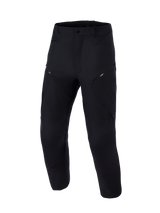 Alpinestars Explore AST Pants Short, Motorcycle Adventure Pants, Black, front view, featuring technical stretch ripstop construction, diagonal zippered cargo pockets, and an ergonomic design for warm-weather riding.