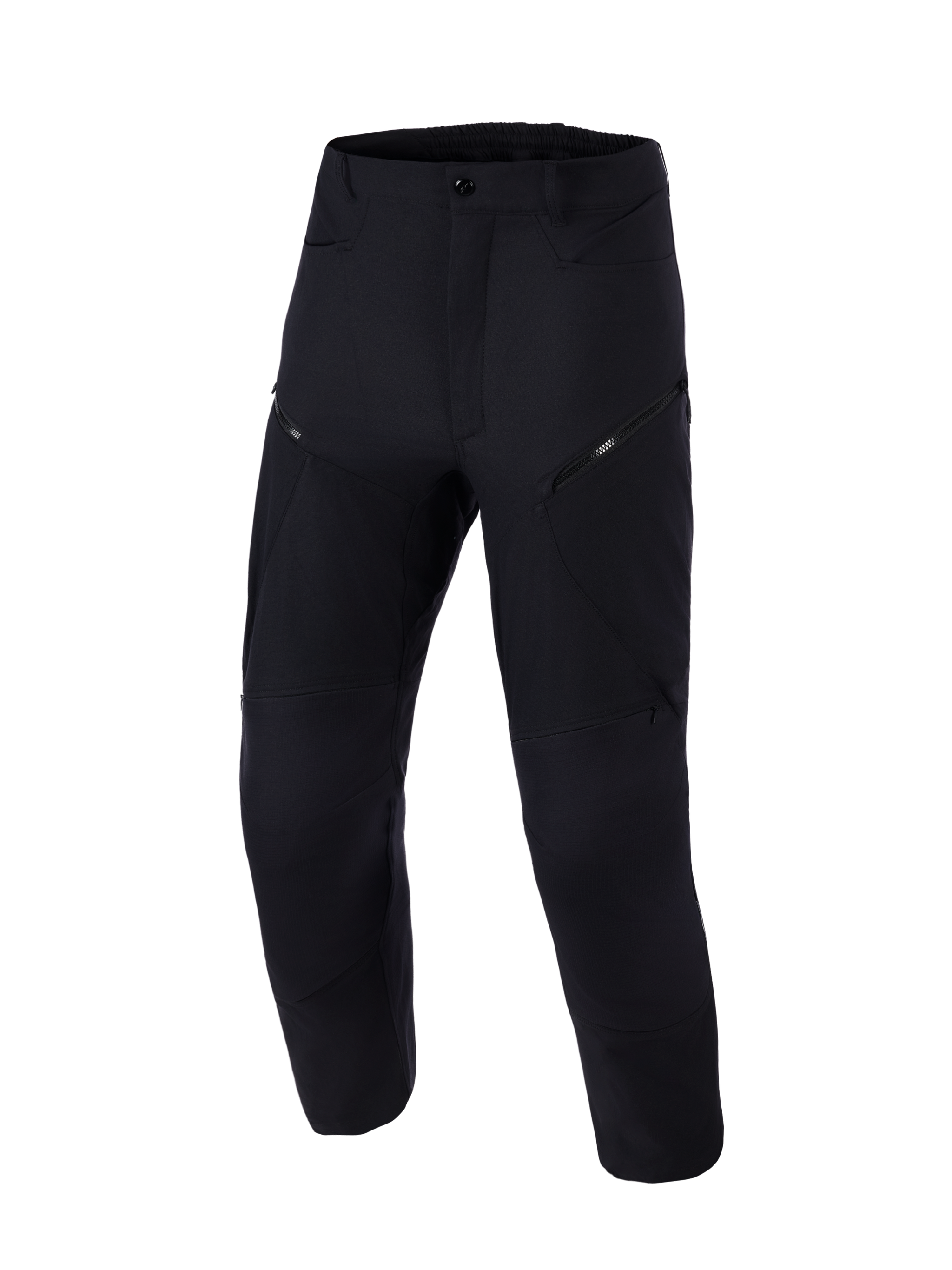 Alpinestars Explore AST Pants Short, Motorcycle Adventure Pants, Black, front view, featuring technical stretch ripstop construction, diagonal zippered cargo pockets, and an ergonomic design for warm-weather riding.