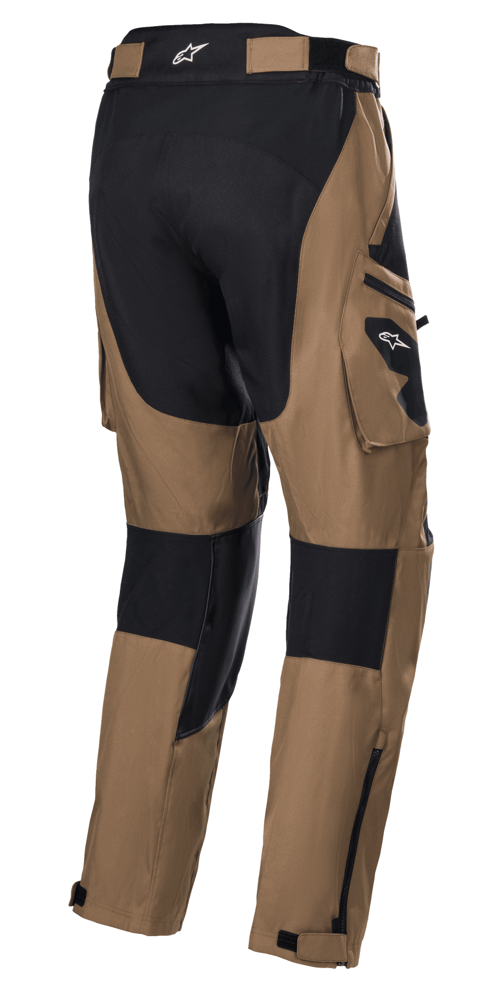 Alpinestars Venture XT Pants Over Boot, Camel and Black, Adventure Touring Motorcycle Pants, rear view featuring cargo pockets and black reinforcement panels, water-resistant textile construction with adjustable lower leg zippers for over-the-boot fit