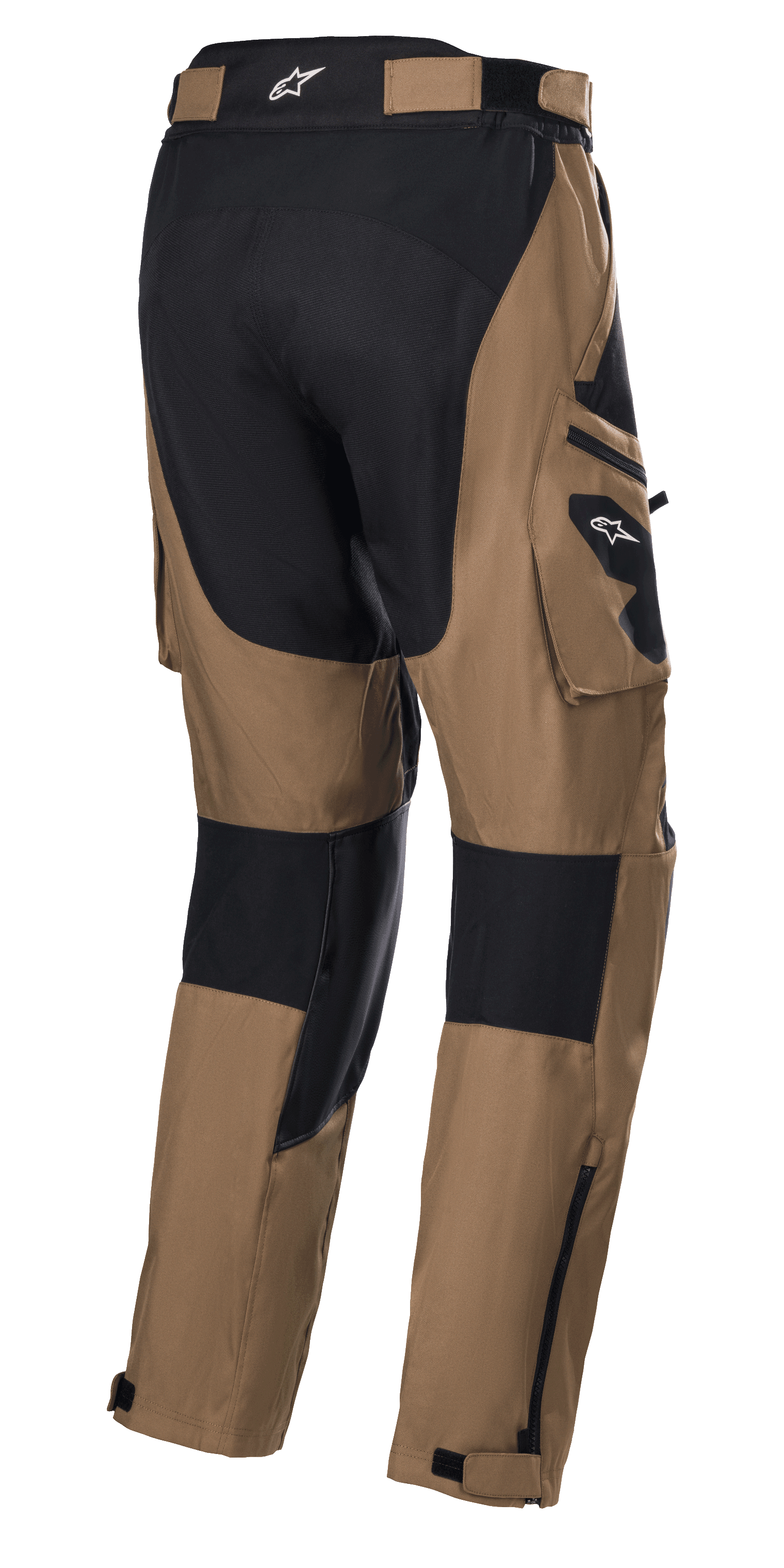 Alpinestars Venture XT Pants Over Boot, Camel and Black, Adventure Touring Motorcycle Pants, rear view featuring cargo pockets and black reinforcement panels, water-resistant textile construction with adjustable lower leg zippers for over-the-boot fit