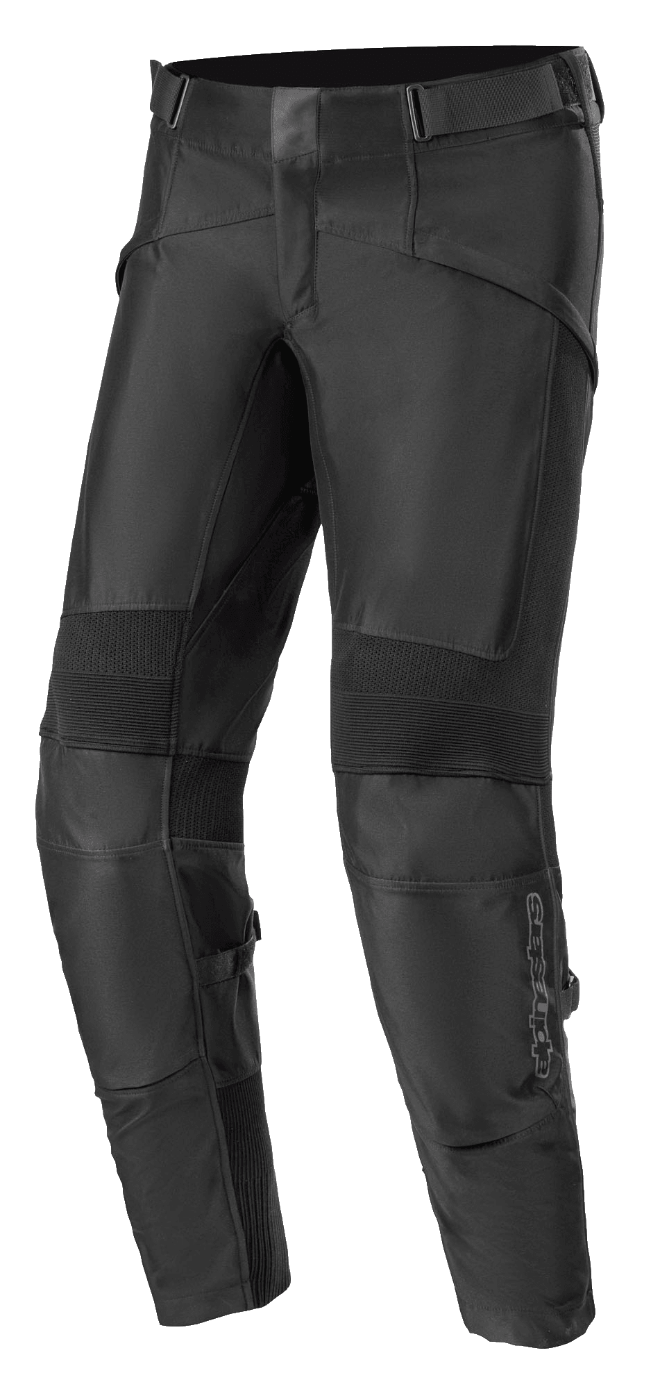 Alpinestars T SP-5 Rideknit-byxor, svarta motorcykelbyxor i textil med ribbade stretchpaneler vid knäna, justerbara midjeremmar, slitstarka stickade sektioner för flexibilitet och en avsmalnande passform för sportprestanda.