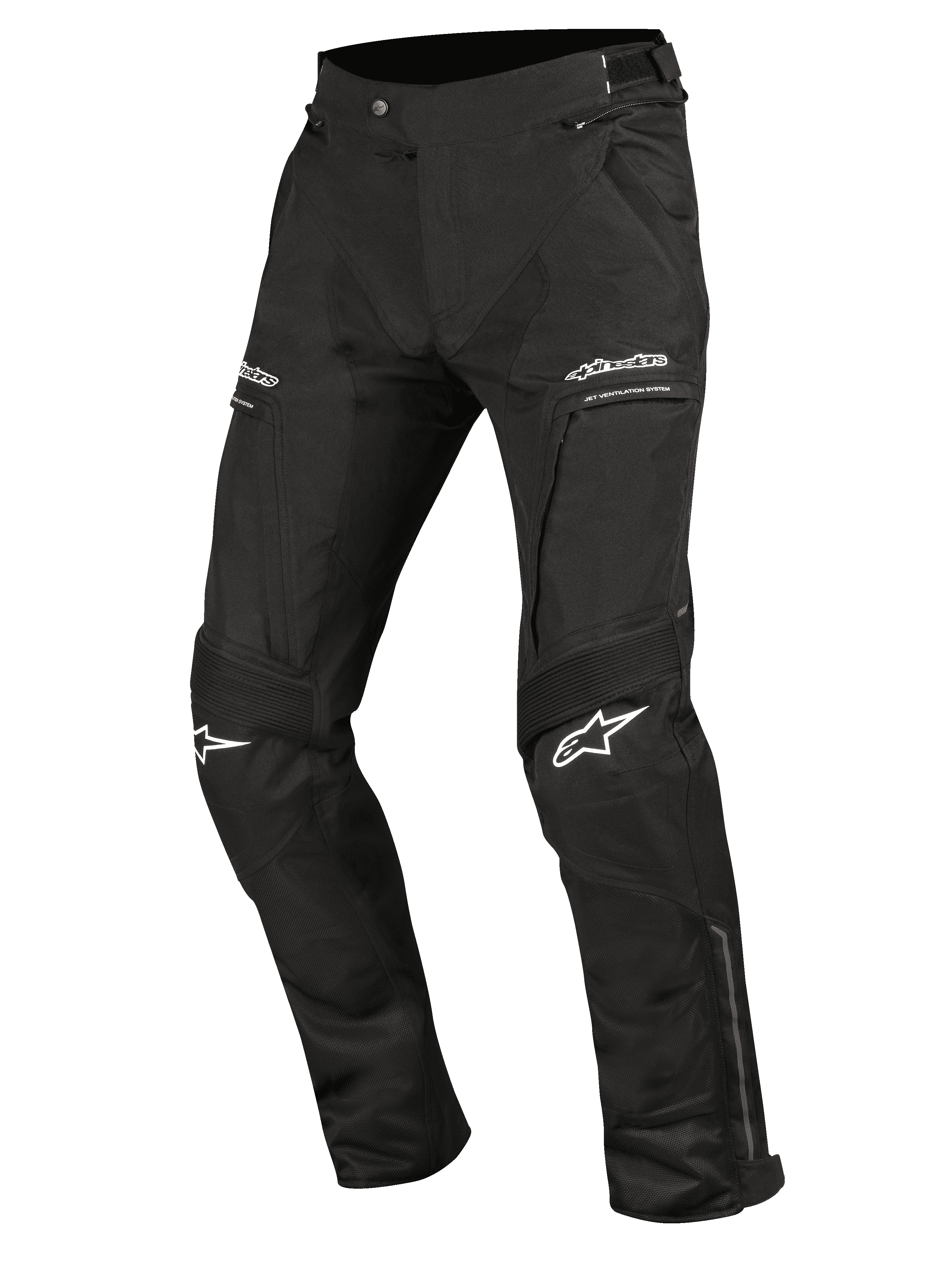 Alpinestars Ramjet Air Pants, Motorcycle Riding Pants, Black, featuring mesh ventilation panels, accordion stretch inserts on the knees, white logos on the thighs and knees, zippered pockets, and durable multi-panel textile construction for road touring