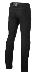Alpinestars Cult-8 Stretch Denim Pants, Black Rinse, baksida av motorcykeljeans, rak passform med regular fit, bakfickor och logopatch i präglat läder på midjebandet, avslappnad urban stil.
