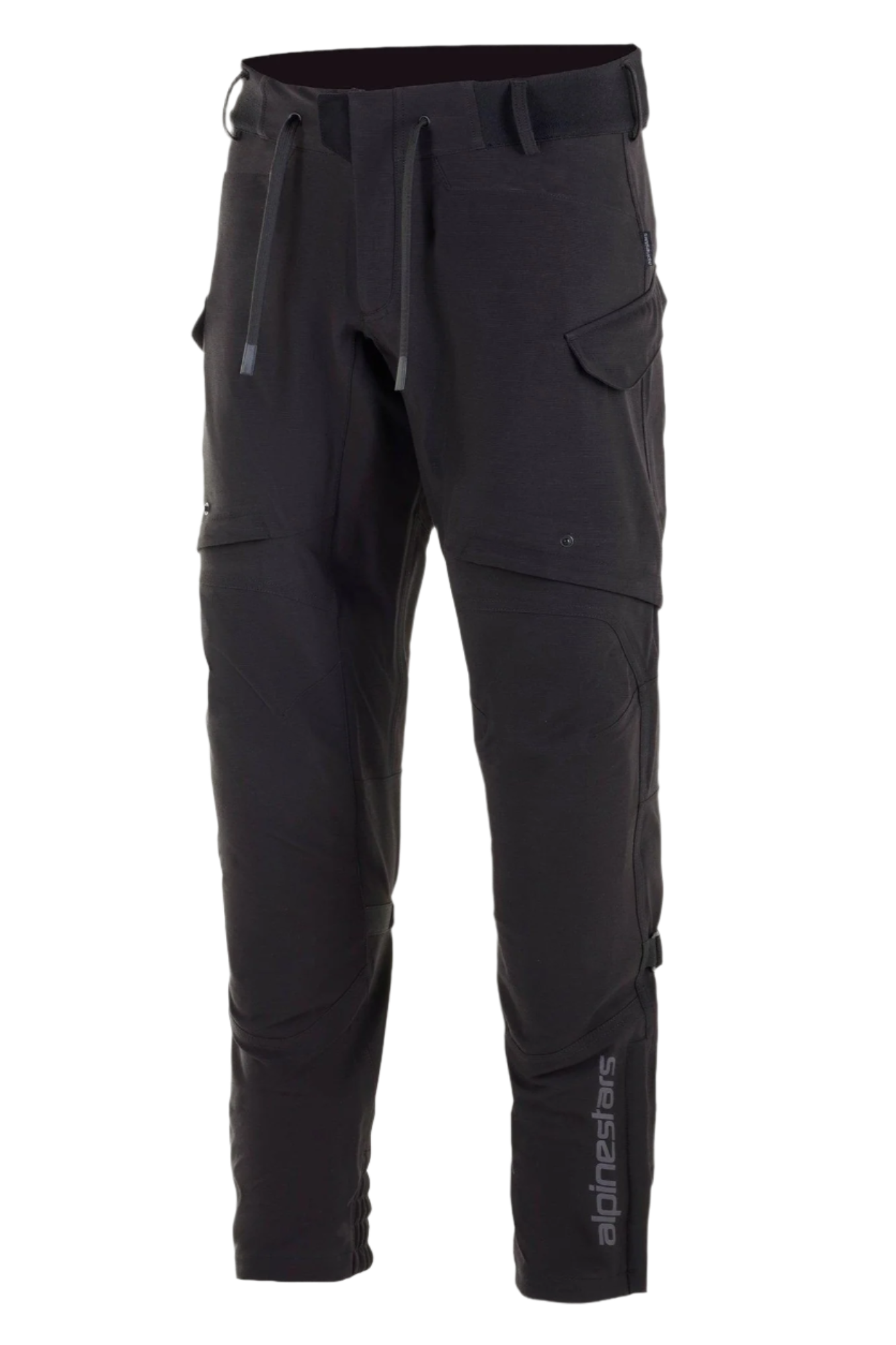 Alpinestars Juggernaut Waterproof-byxor, motorcykelbyxor, svarta, softshell-konstruktion med vattentätt membran, ventilationsöppningar på låren, cargofickor med dragkedja, elastisk midja med dragsko och ankelmuddar, utrustning för stadskörning